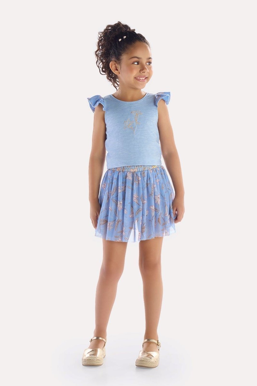 Infantil - Conjunto Blusa Azul com Babado e Saia Moletinho Rustico com Tule