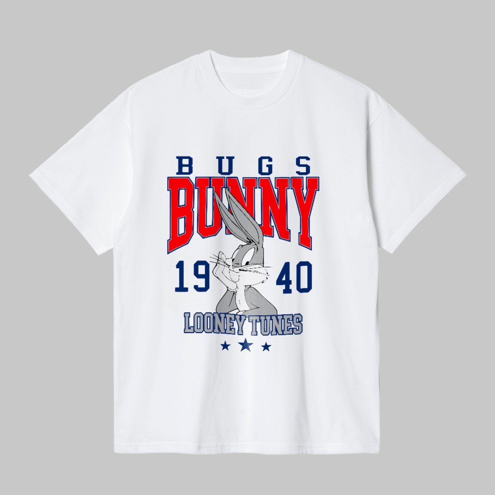Camiseta Básica Estilo Universitário Clássico Bugs Bunny Looney Tunes 1940 Unissex Branco