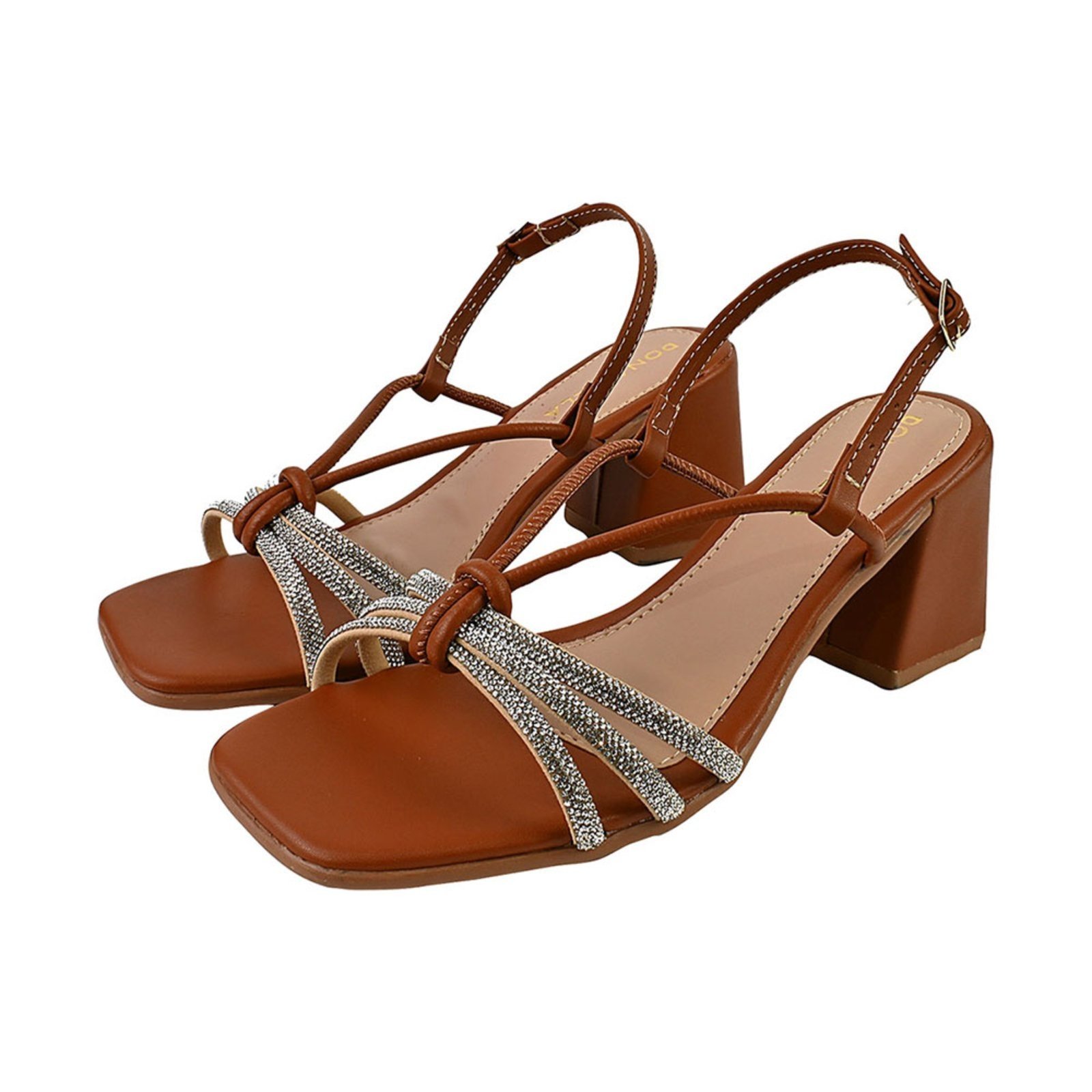 Sandália Feminina CM Calçados Bico Quadrado Salto Alto Casual Santorine Marrom Brilho Strass