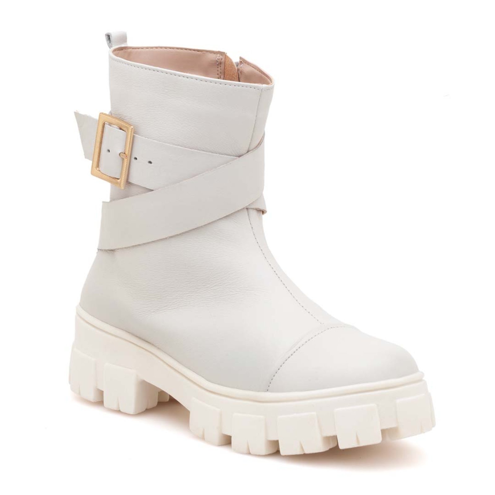 Coturno Couro Via Miss Tratorado Fivela Off White