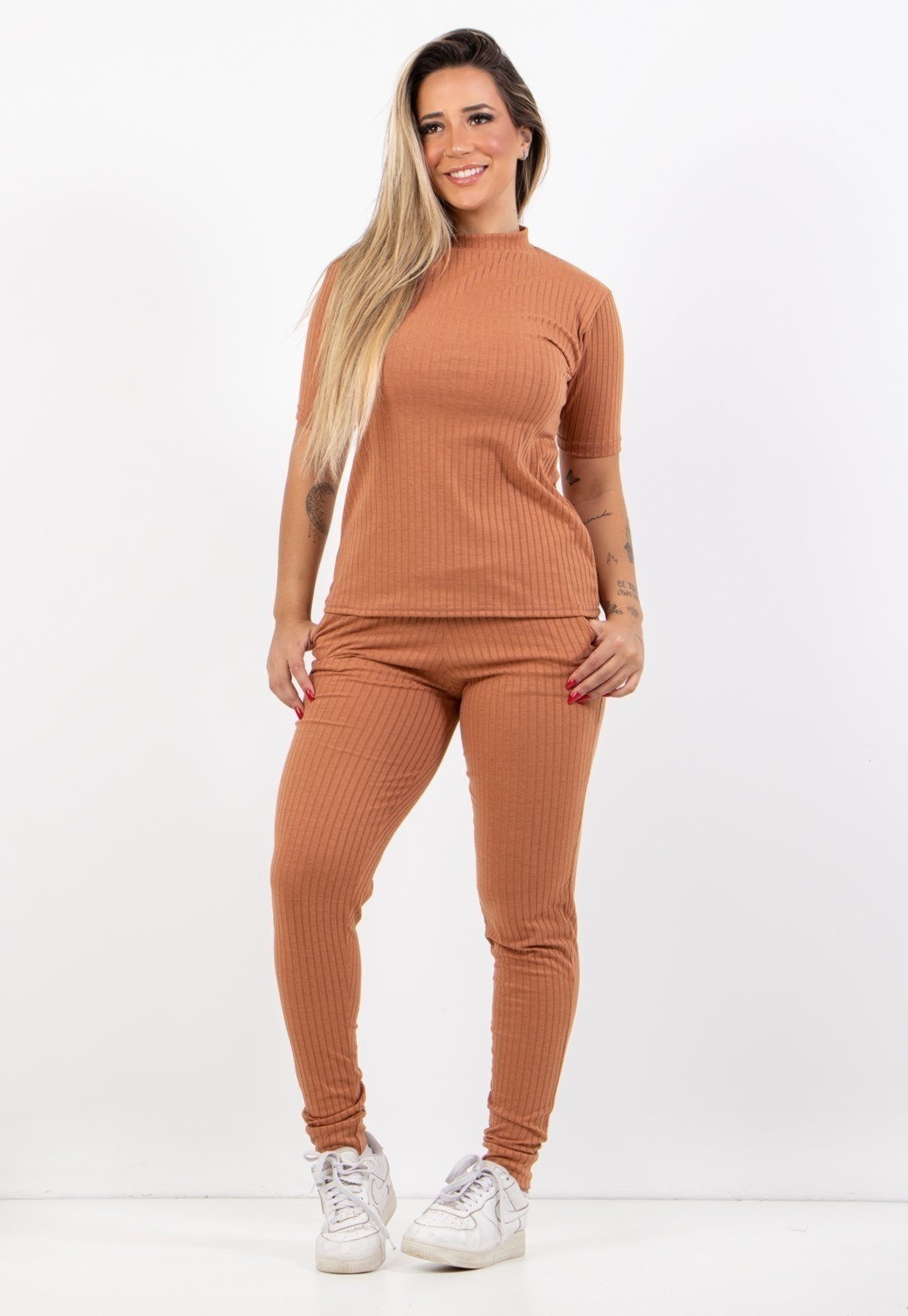 Conjunto Canelado Manga Curta 4 Estações Blusa Canelada Calça Jogger Cintura Alta Liso Terracota