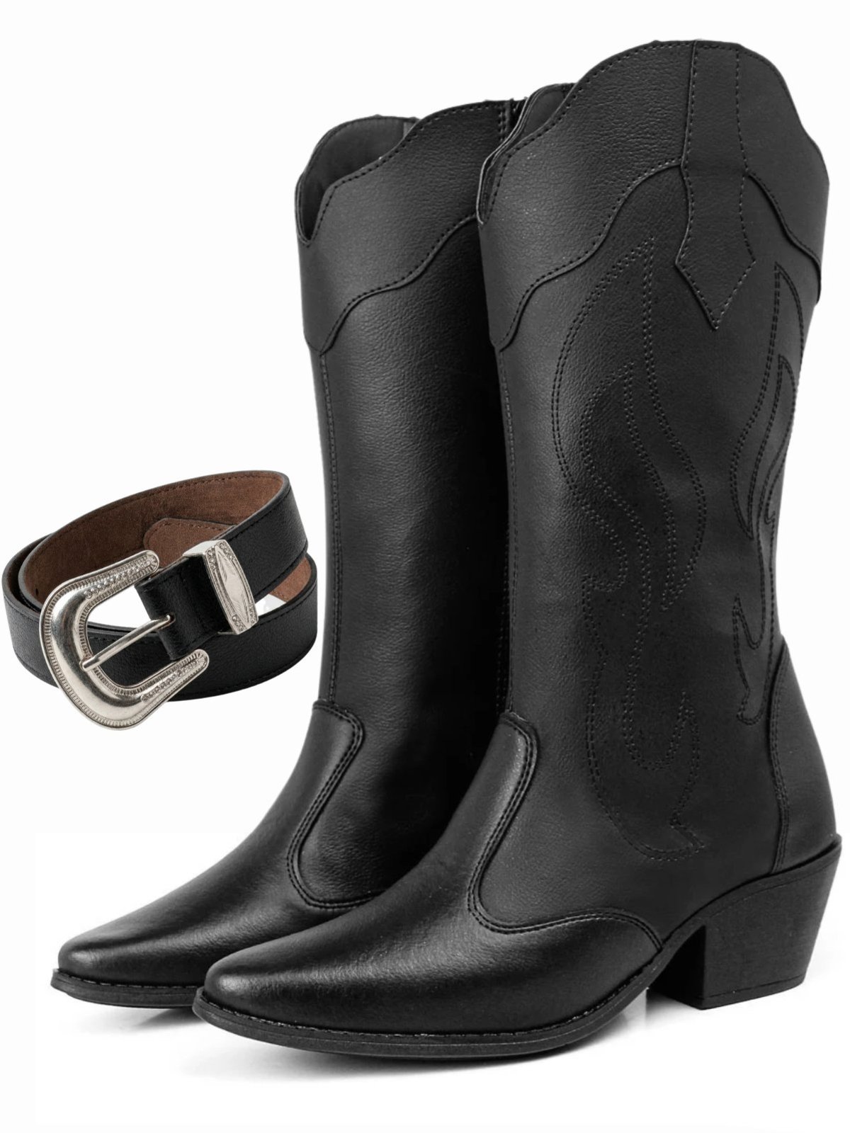 Bota Feminina Texana Country Cano Médio Com Cinto em Couro Salto Alto Grosso com Zíper Lateral Preto
