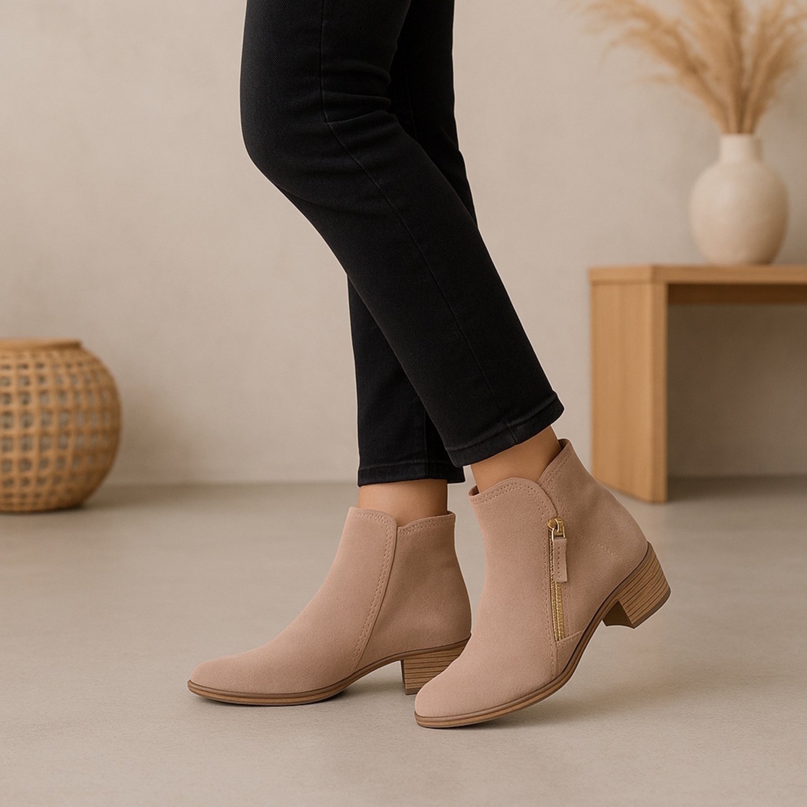 Bota Feminina Cano Curto Yes Basic em Couro com Fivela Lateral Camurça Areia