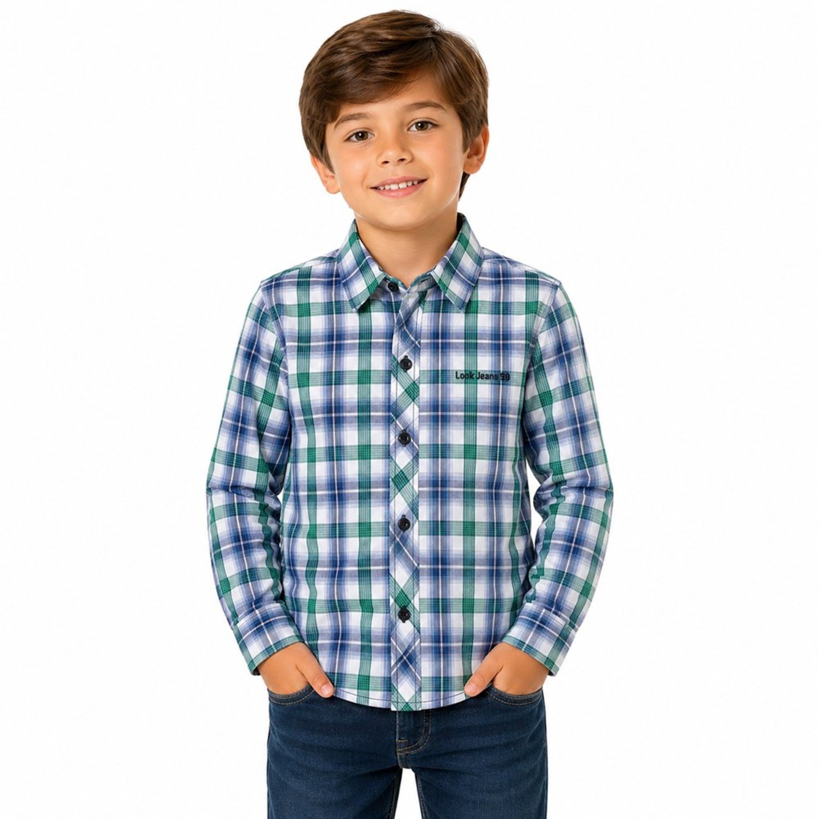 Infantil - Camisa Juvenil Look Jeans Manga Longa Xadrez Verde
