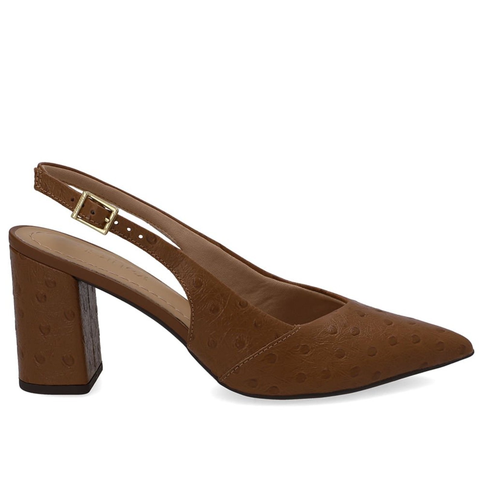 Slingback Salto Bloco Em Couro Marrom Texturizado Com Bico Fino