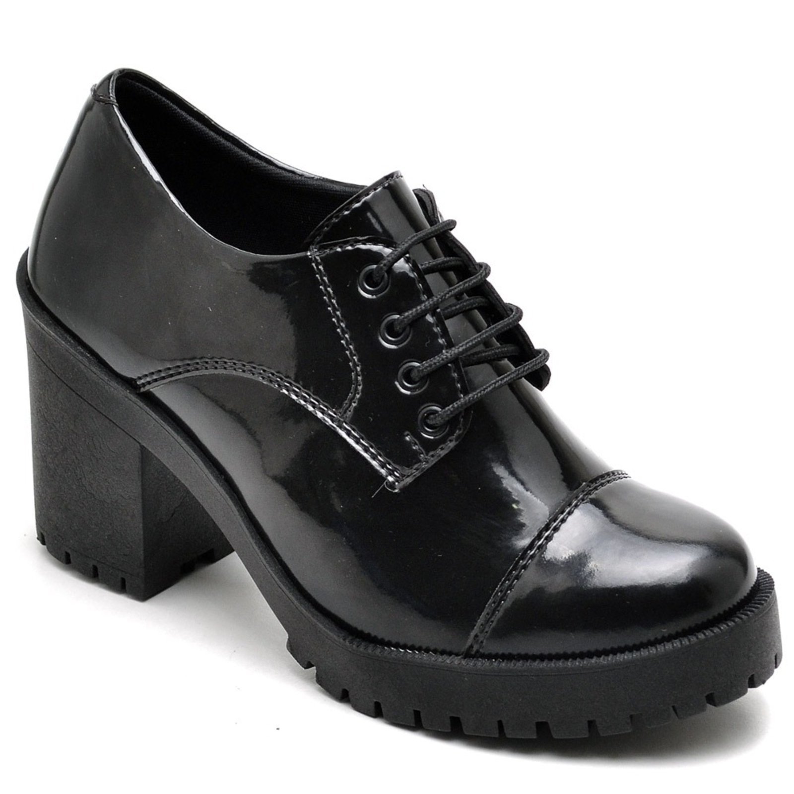 Sapato Feminino Estilo Oxford Verniz Preto Salto Médio Tratorado Conforto