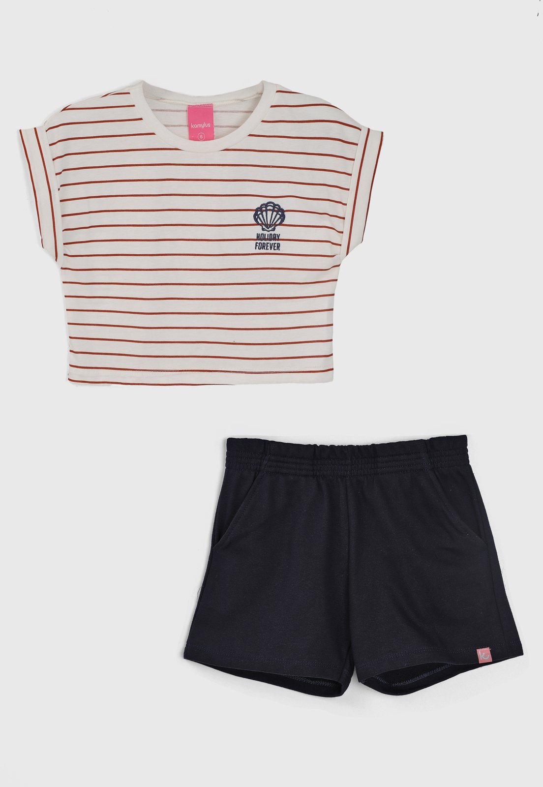 Infantil - Conjunto Curto Kamylus Listrado Holiday Forever Off-White