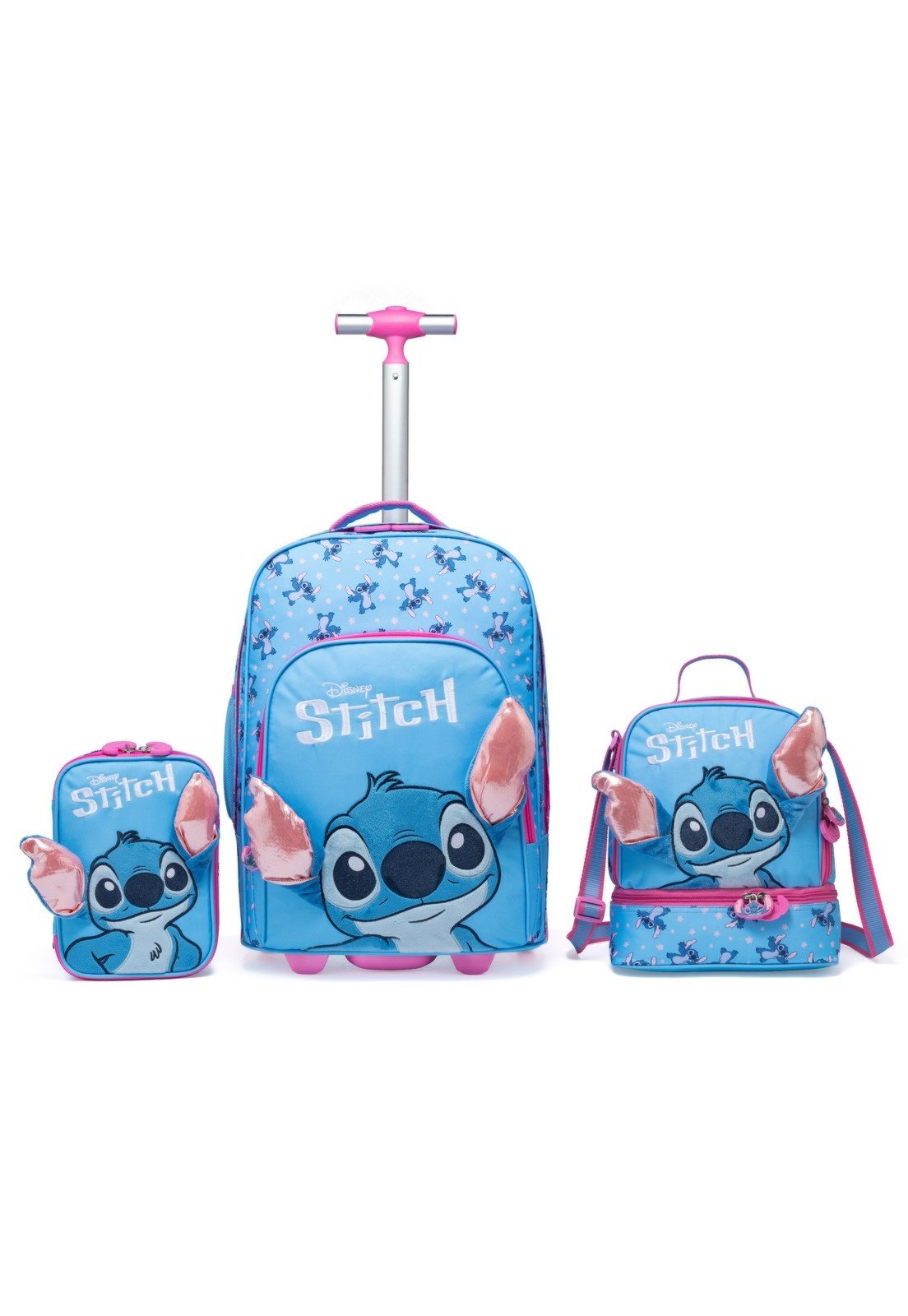 Infantil - Kit Mochila Lancheira Estojo Disney Stitch Escolar Rodinhas Feminina Resistente