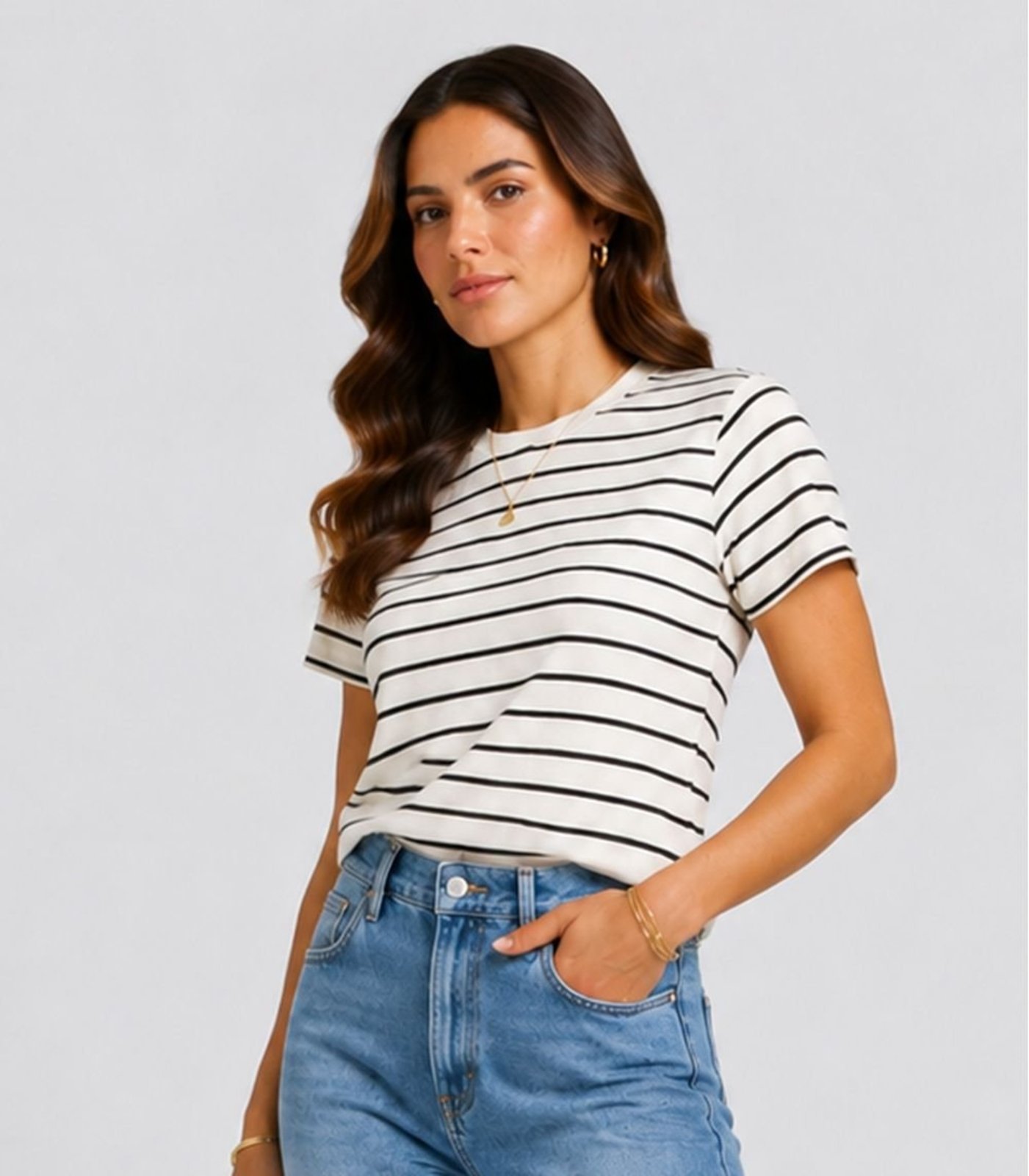 Blusa Feminina Básica Cotton Listrado Infinita Cor Branco