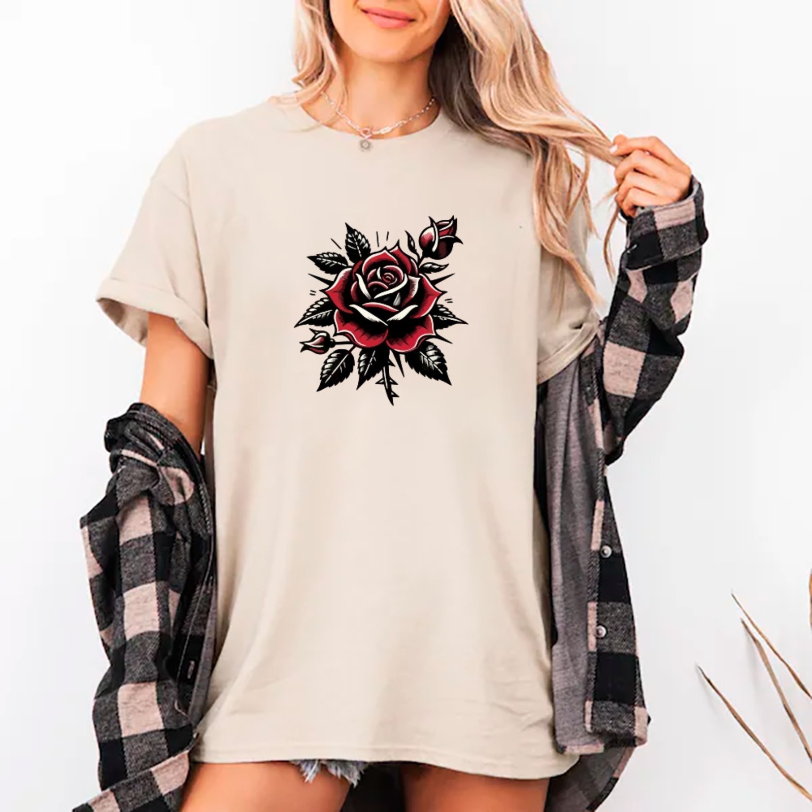Camiseta Ousy Rosa Vermelha Folhas Verdes Oversized Unissex Off White