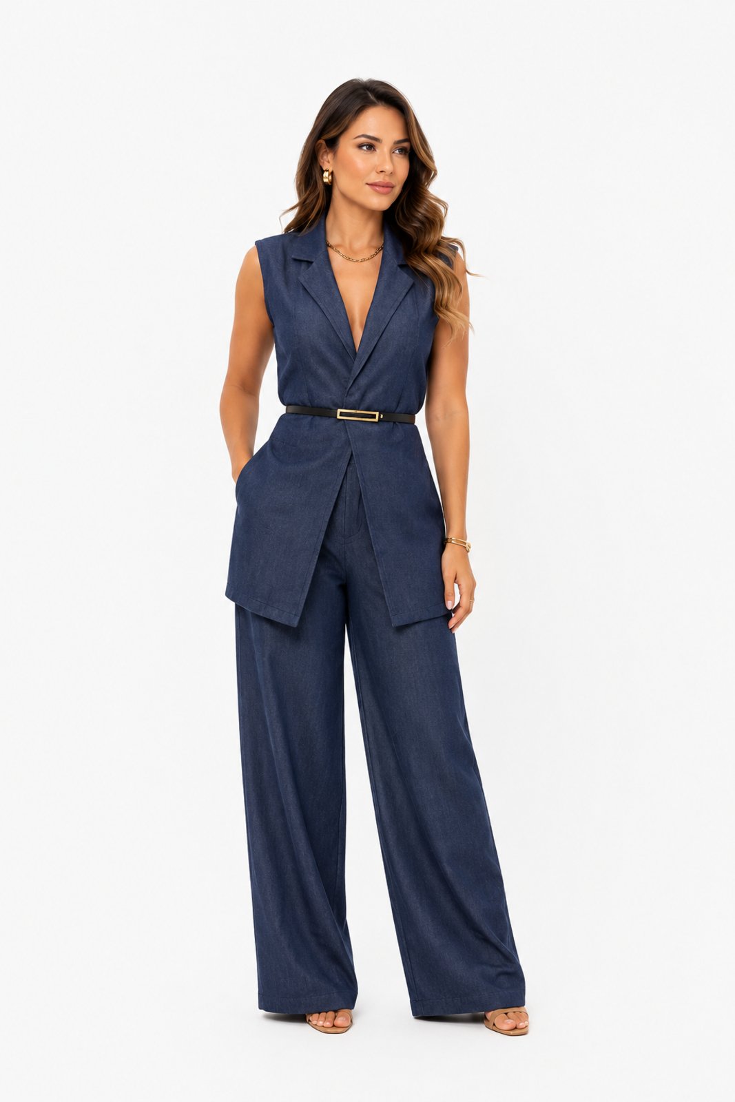 Conjunto Feminino D Bell Outlet Fashion Alfaiataria Azul Escuro
