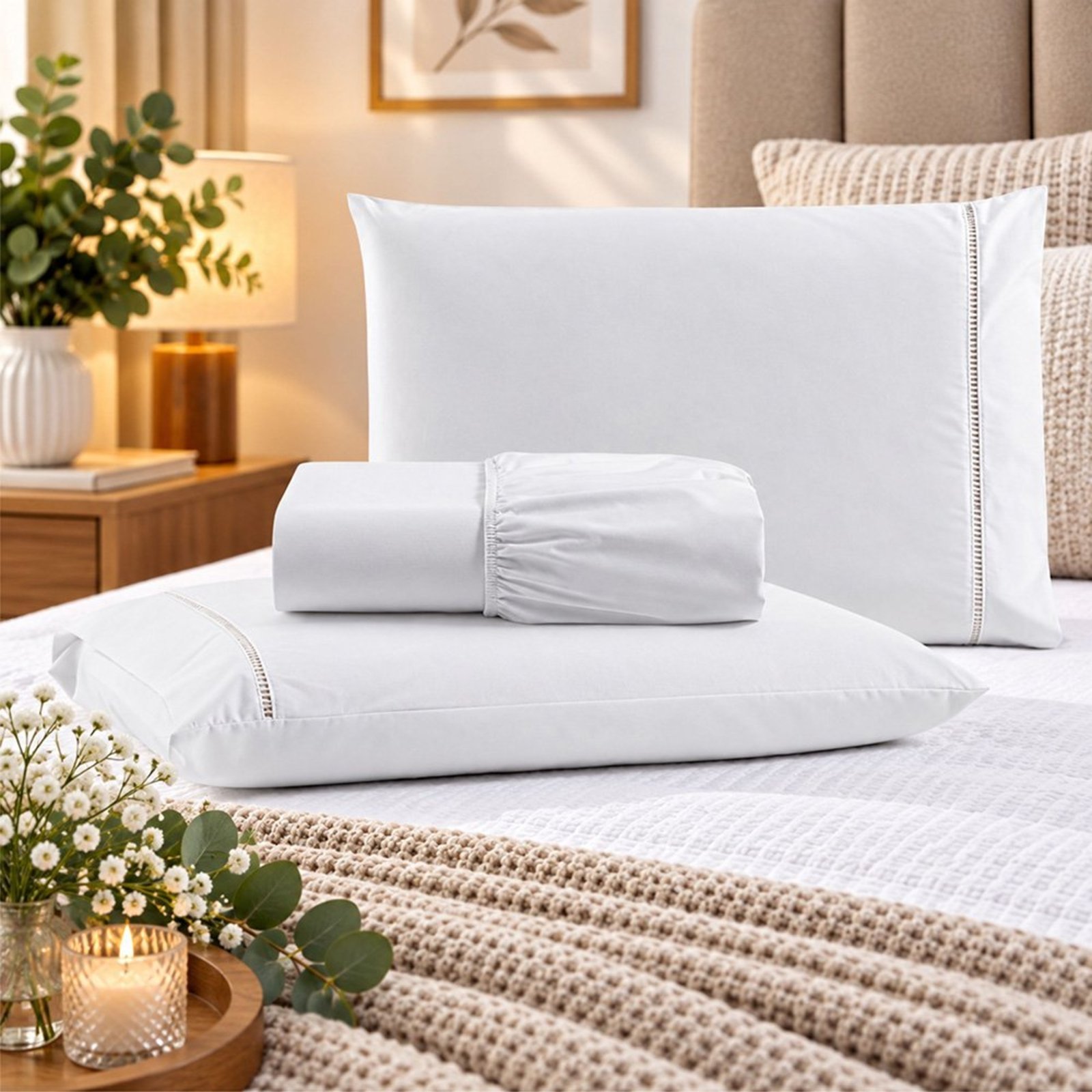 Jogo de Cama Lençol Casal Pluma Percal 180 Fios 3 Peças 100% Algodão - Branco
