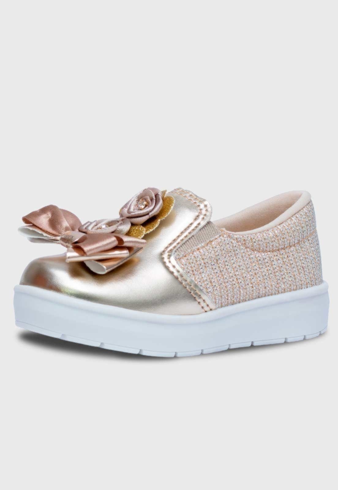 Infantil - Tênis Feminino Slip On Pópidi Laço Flores Dourado
