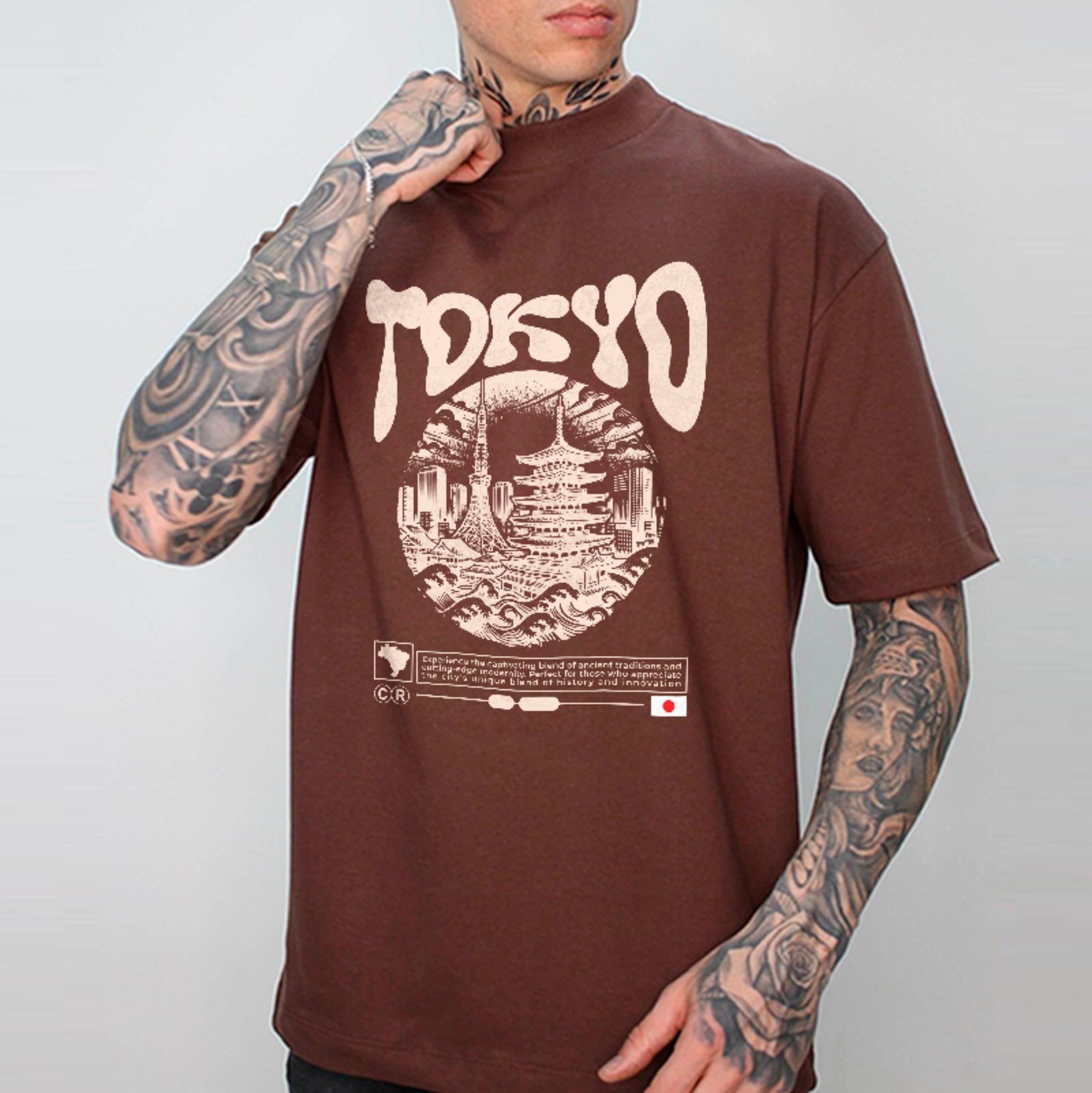 Camiseta Oversized Tokyo Japão Estilo Street Oriental Unissex Marrom