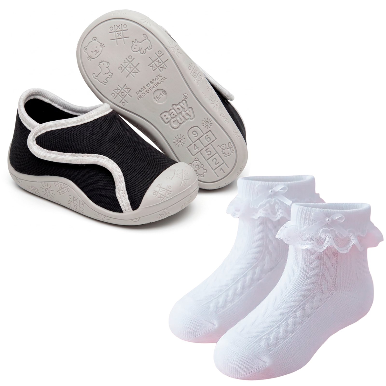 Infantil - Kit Tênis Preto e Branco e Meia Cano Curto Laço Pérola Pepite