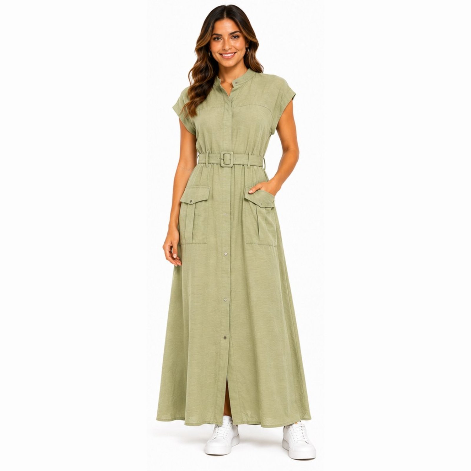 Vestido Feminino Longo Casual Chemise com Bolsos Verde Claro