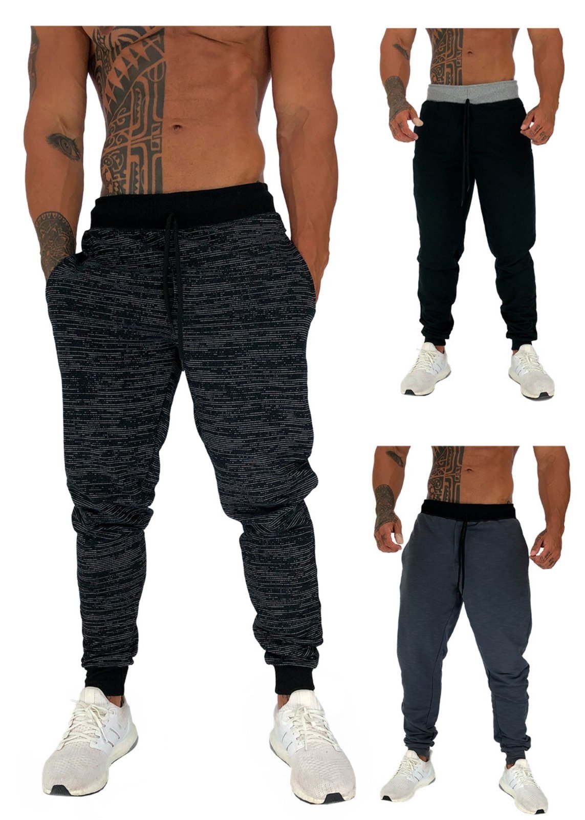 Kit 3 Calças Moletom Masculina Alto Conceito Slim Fit Jogger Preto Rajado e Chumbo