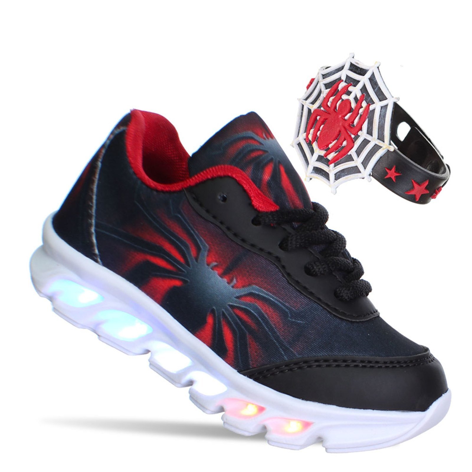 Infantil – Tenis Calçado de Menino Aranha com Luz de Led Masculino Preto