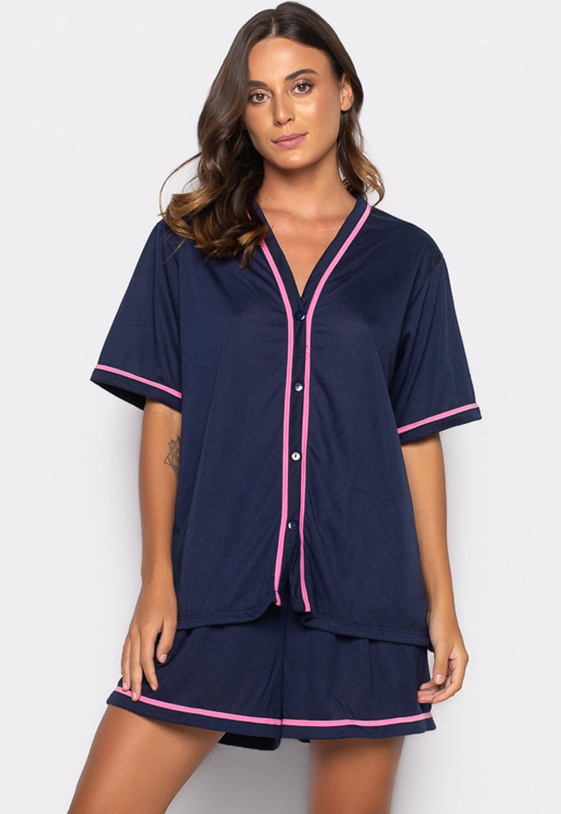 Pijama Modas Modas Curto Baby Doll Americano Blogueirinha Botão Adulto Amamentação 021 Azul