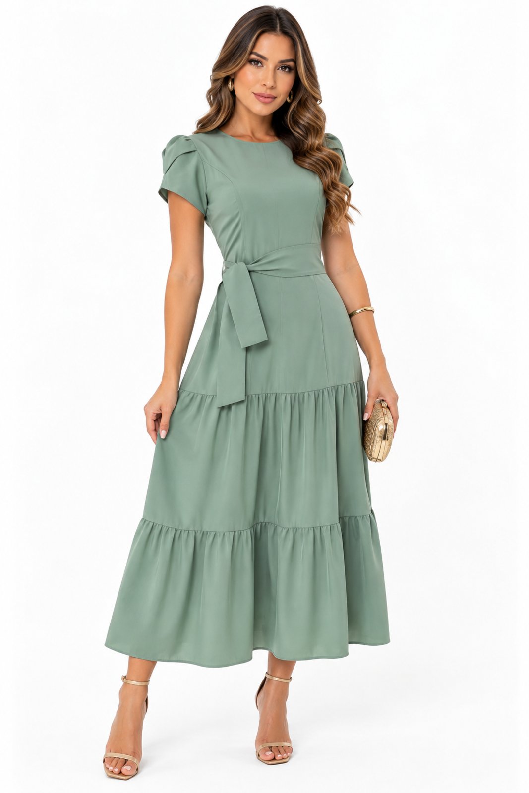 Vestido Midi Fluido com Faixa de Amarração D Bell Outlet Fashion Verde