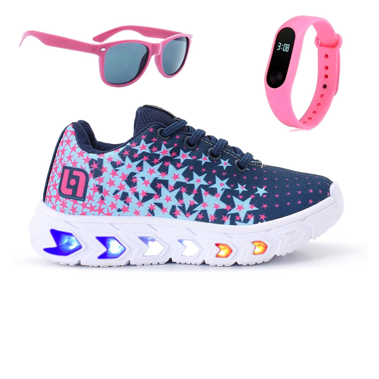 Infantil – Tenis de Led Meninas Casual Escolar Calce Facil Marinho + Oculos e Relogio