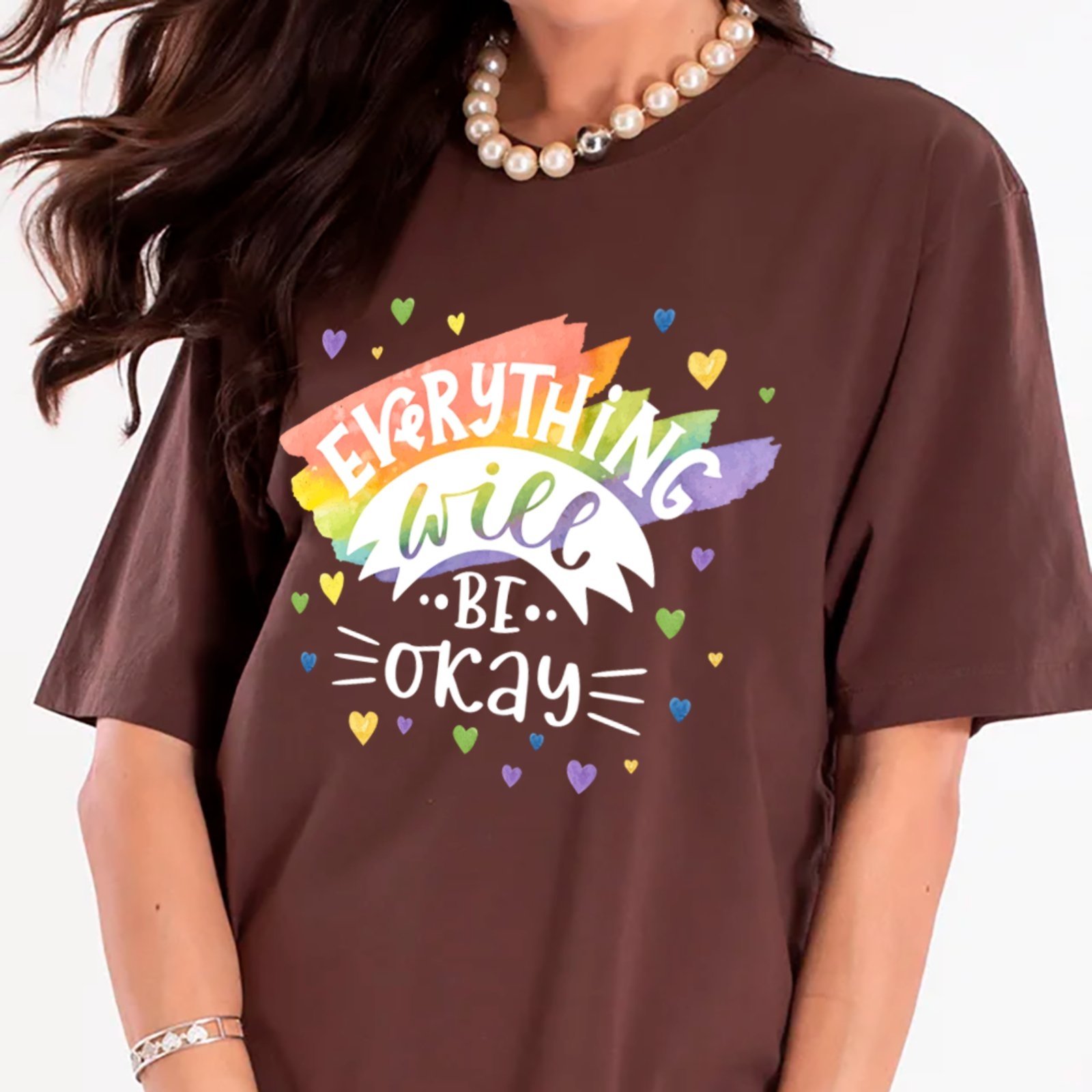 Camiseta Ousy Everything Will Be Okay Oversized Feminina Marrom