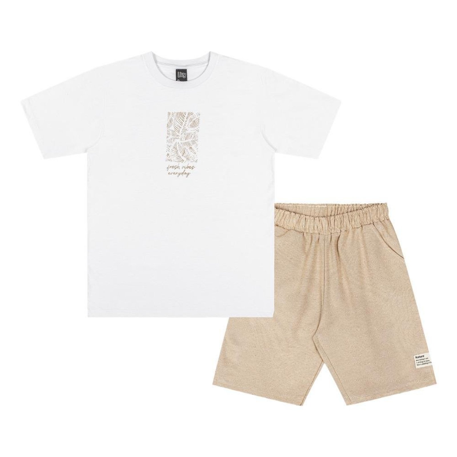 Infantil - Conjunto Camiseta Bermuda Confortável Livy Branco Bege 12 Branco