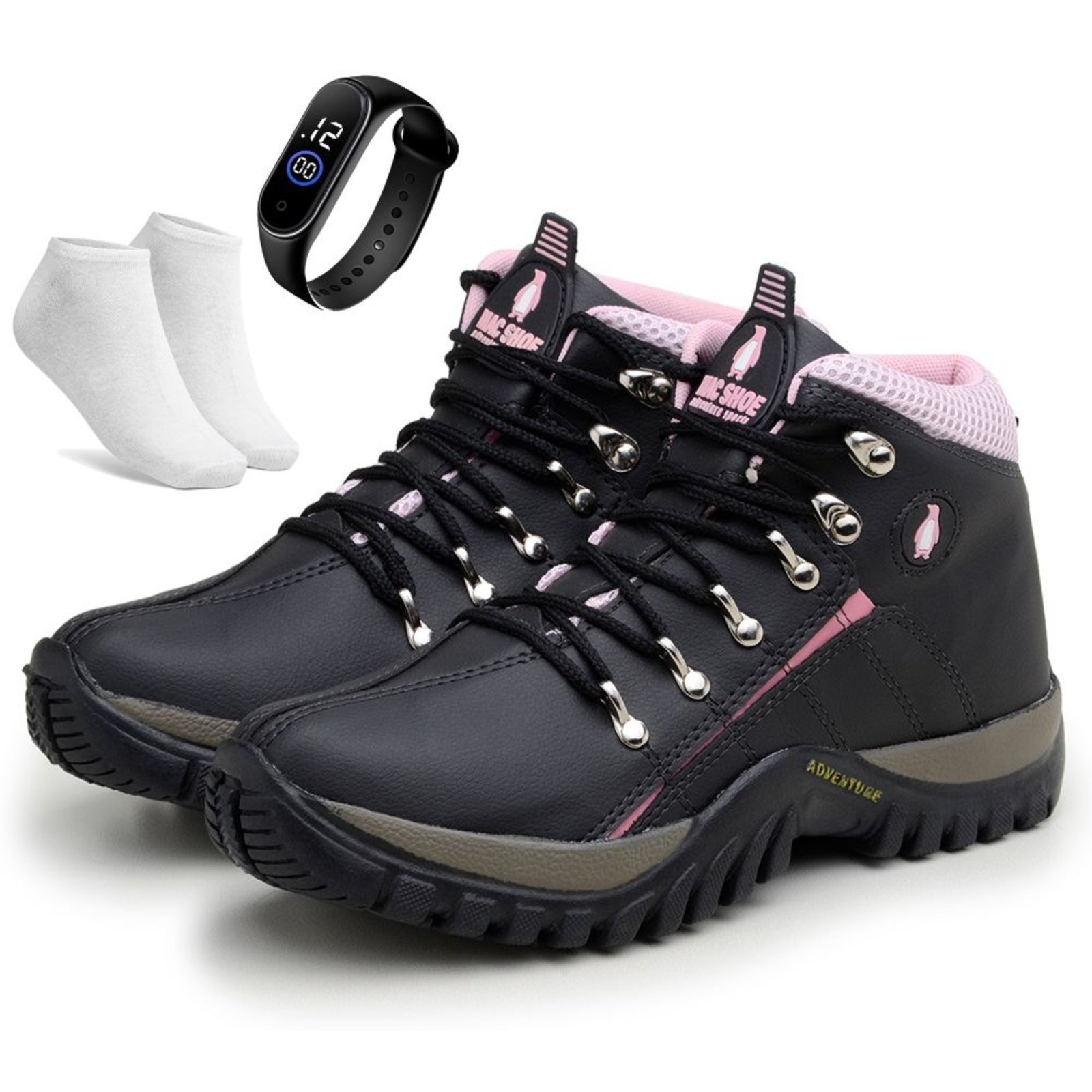 Kit Bota Adventure Bia Ramos para Trilha Confortavel Feminina Preto Rosa + Relógio e Meia