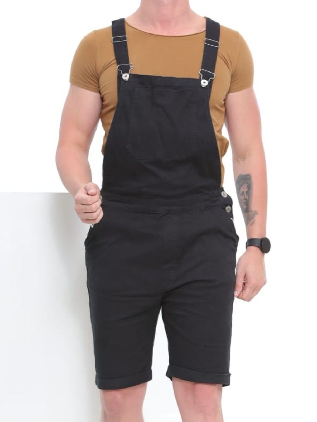 Macacão Jardineira Curto Masculino Jeans Loka Preto Sarja