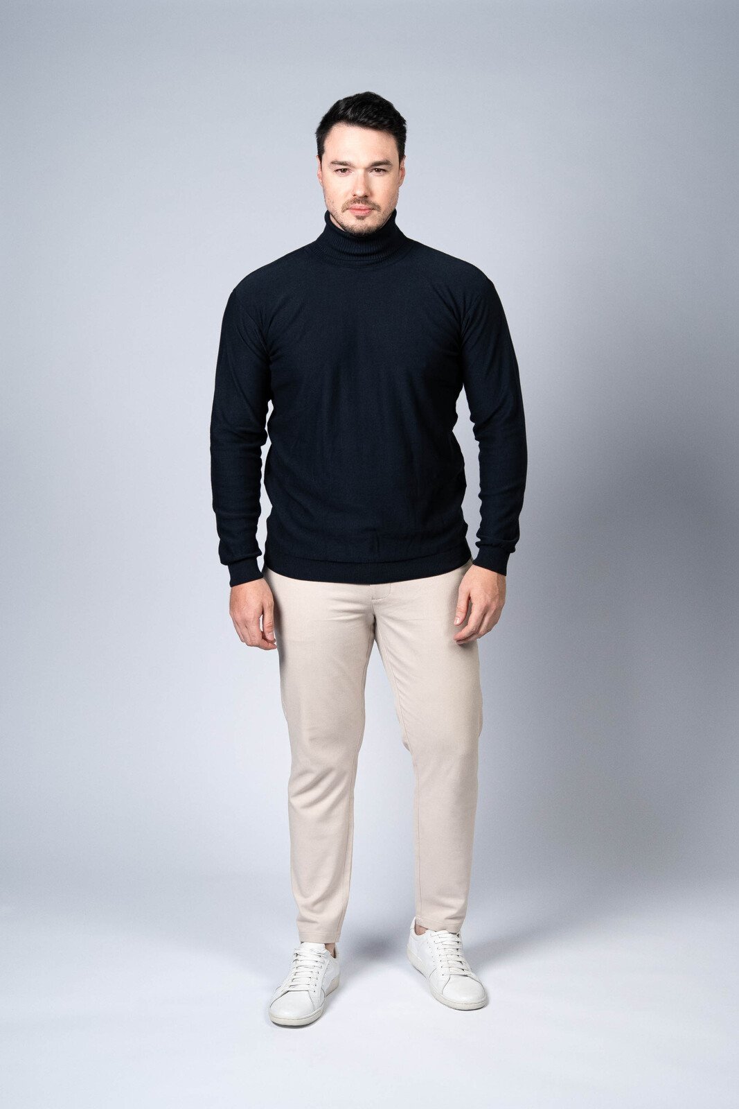Blusa Fina Tricô Algodão Gola Alta Rolê Azul Marinho