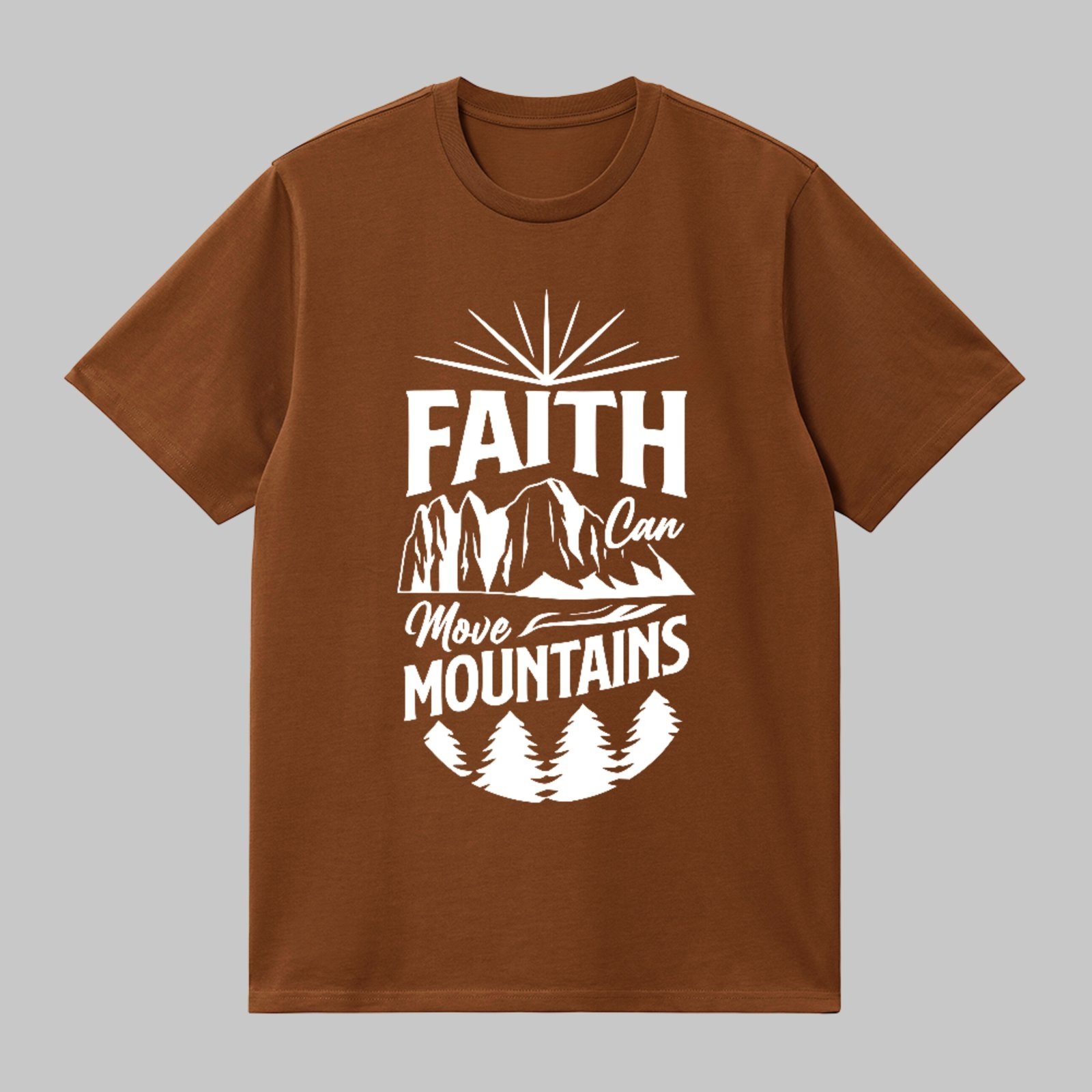 Camiseta Básica Faith Can Move Mountains Fé Cristã Style Marrom