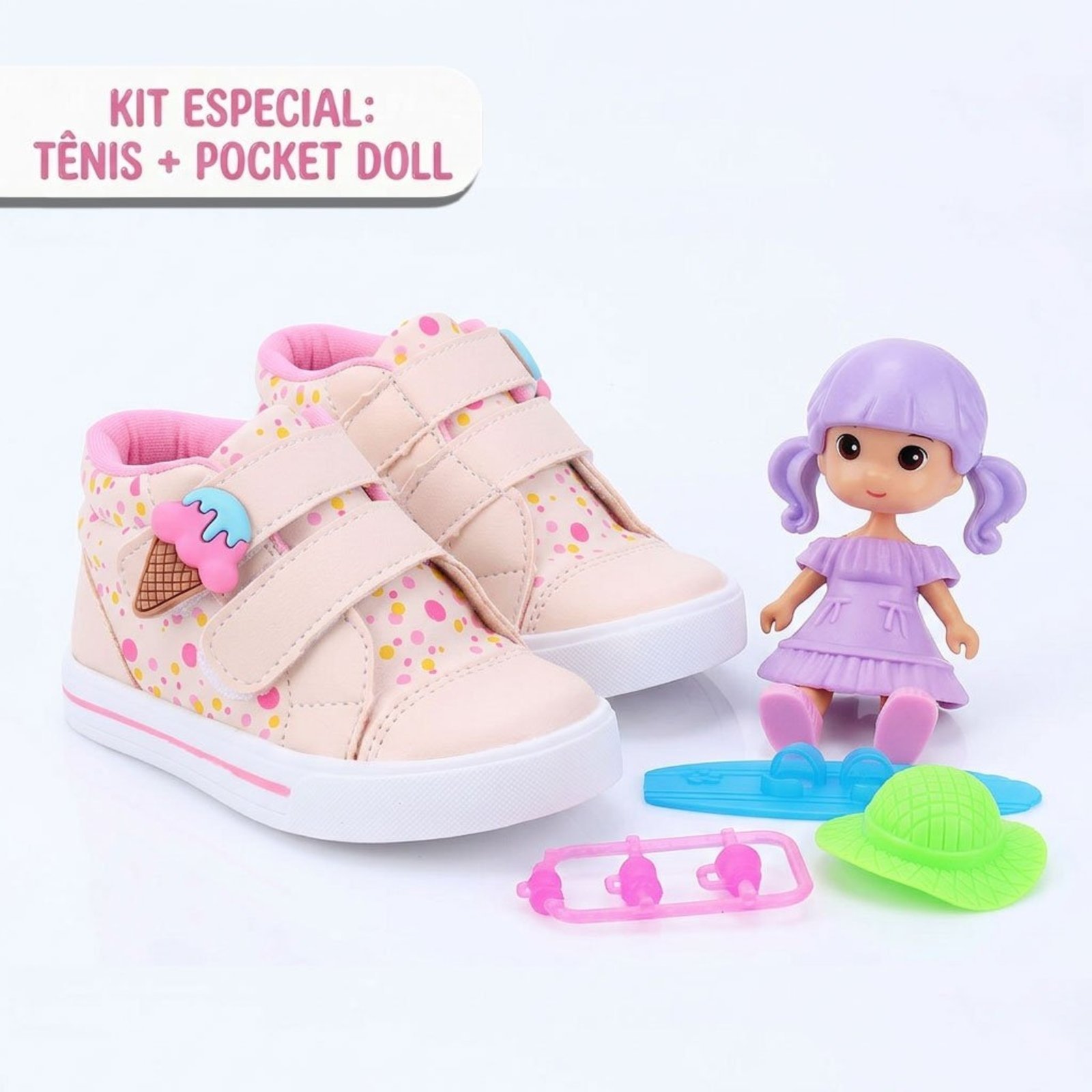 Infantil - Kit Tênis Menina Bee Happy Sorvetinho Nude + Boneca Pocket Doll
