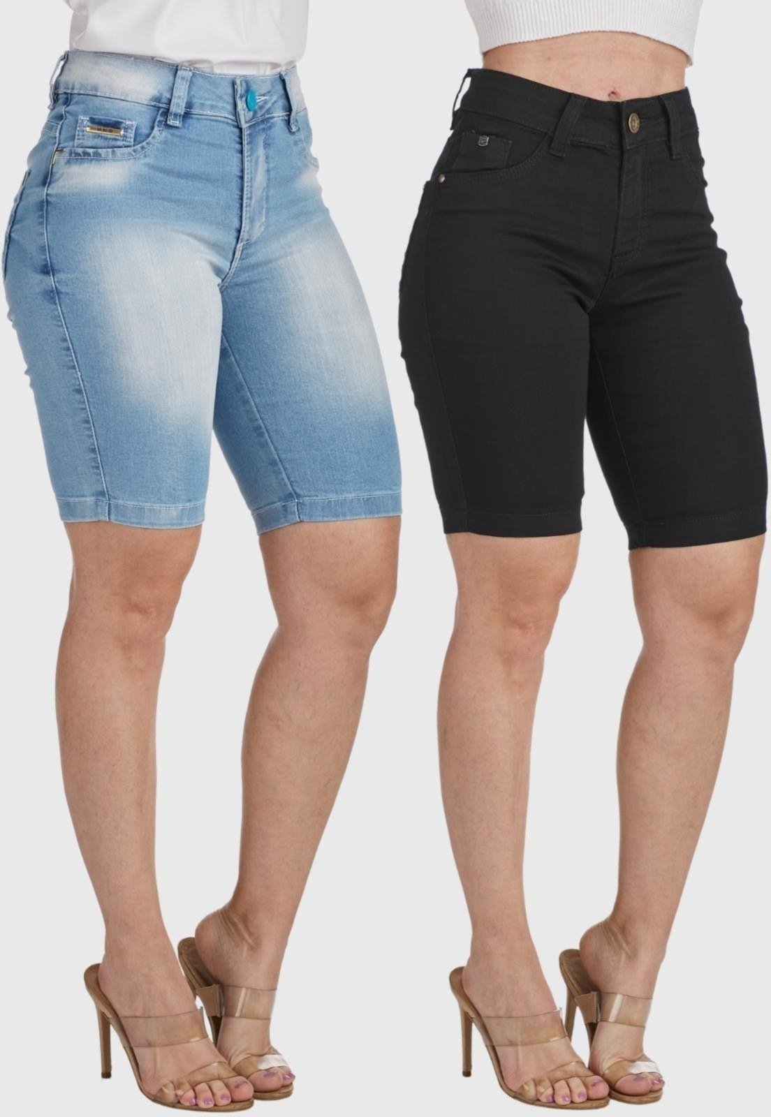 Kit 2 Bermudas Jeans HNO Jeans Ciclista com Elastano Azul Stone-Preto