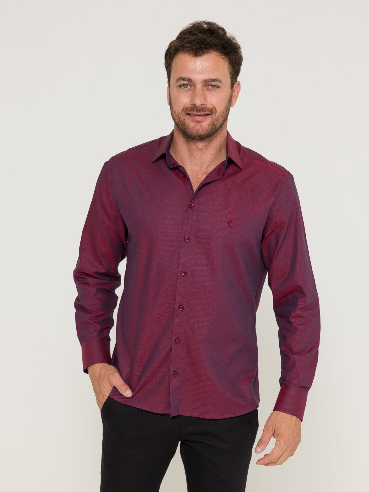 Camisa Social Masculina Slim Olimpo Maquinetada Algodão Fio 60 Manga Longa Bordô