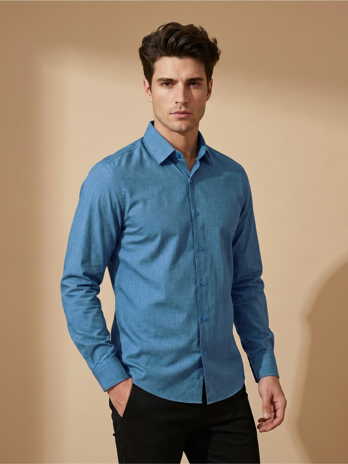 Camisa Social Masculina Premium Tipo Linho Executiva Trabalho Poliéster Estampa de Linho Poliéster