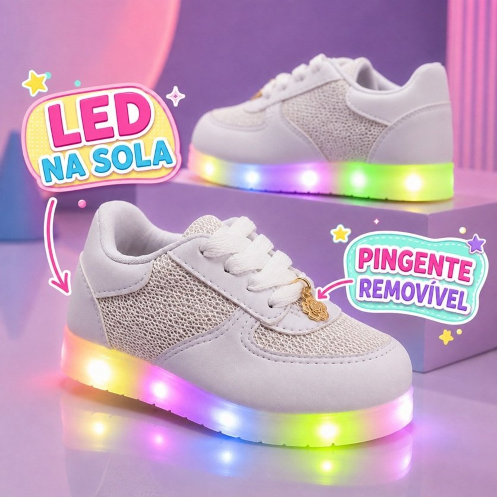 Infantil - Tenis Menina Com LED Colorido na Sola Leve Confortavel Anatomico Primeiros Passos
