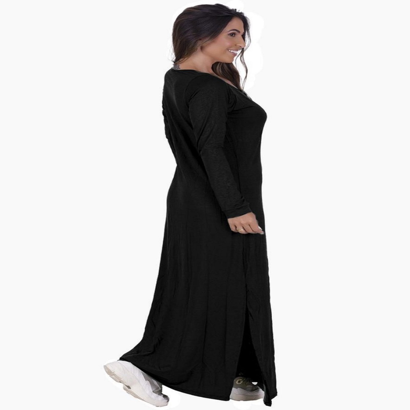 Vestido Visco Manga Longa Preto com Fenda Lateral