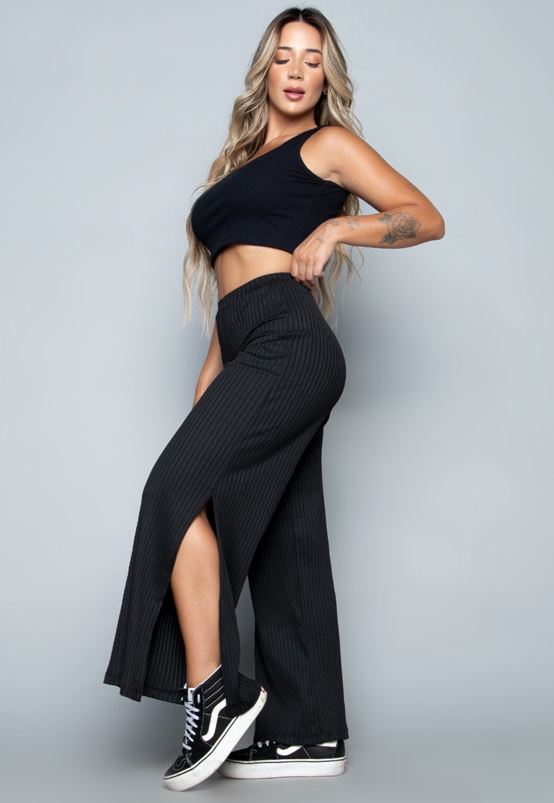 Vista 3 Conjunto Cropped Regata Calça Flare Pantalona WLS Modas Canelado VEKYO preto VEKYO preto
