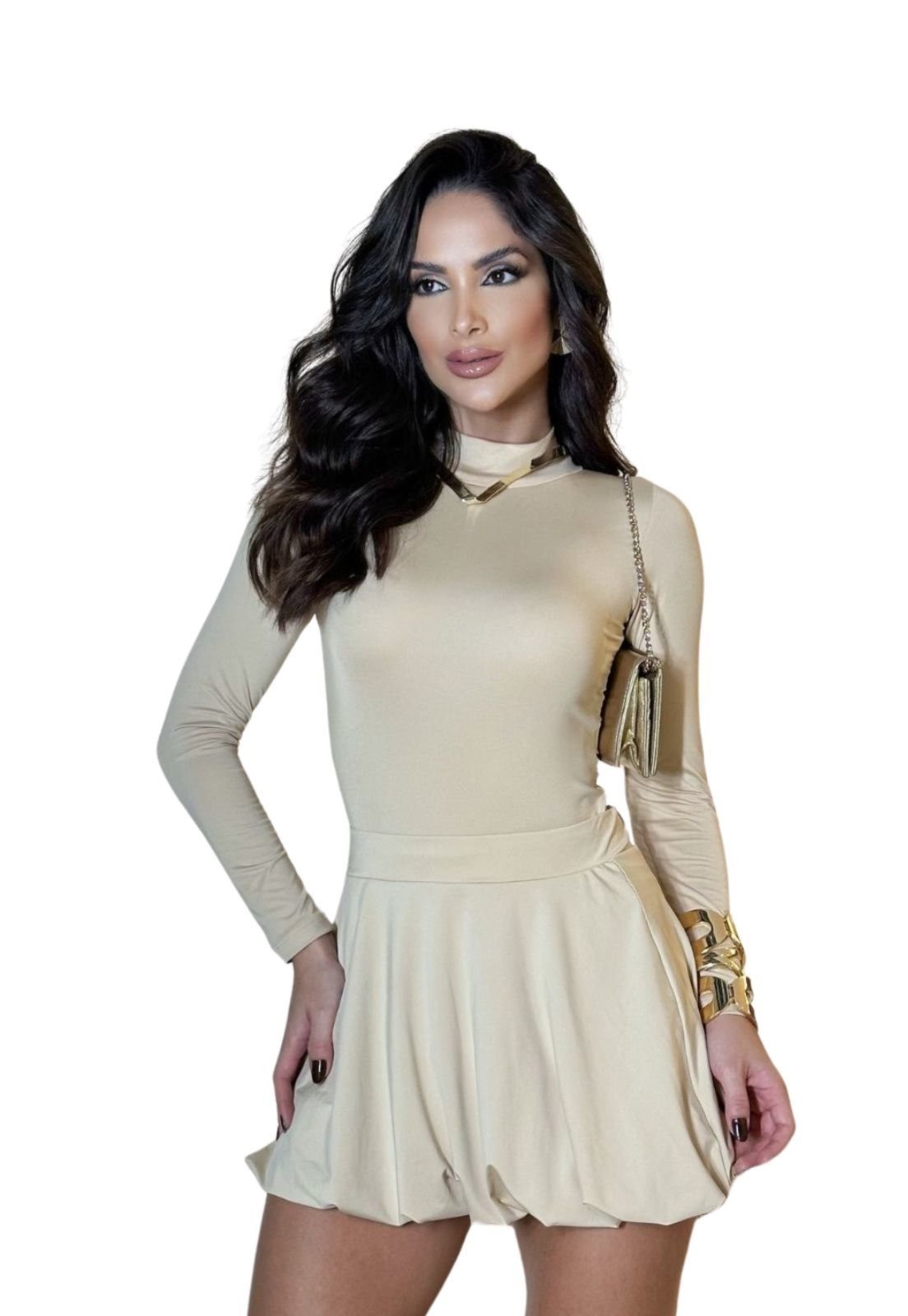 Conjunto Body Manga Longa e Saia Curta Balonê Fluity Bege