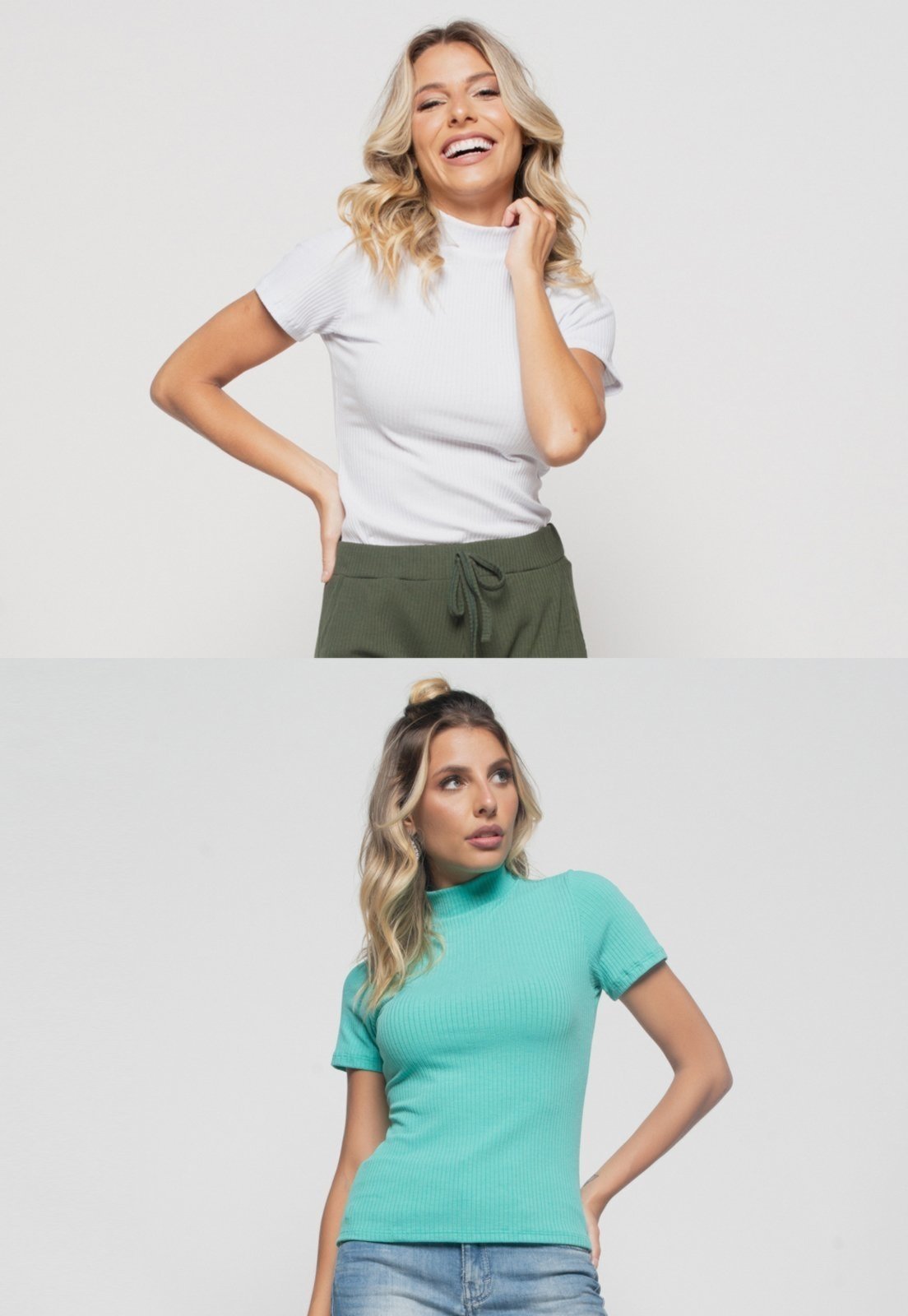 Kit 2 Blusas Salvatore Gola Alta Comfy Malha Canelada Branca e Verde Claro