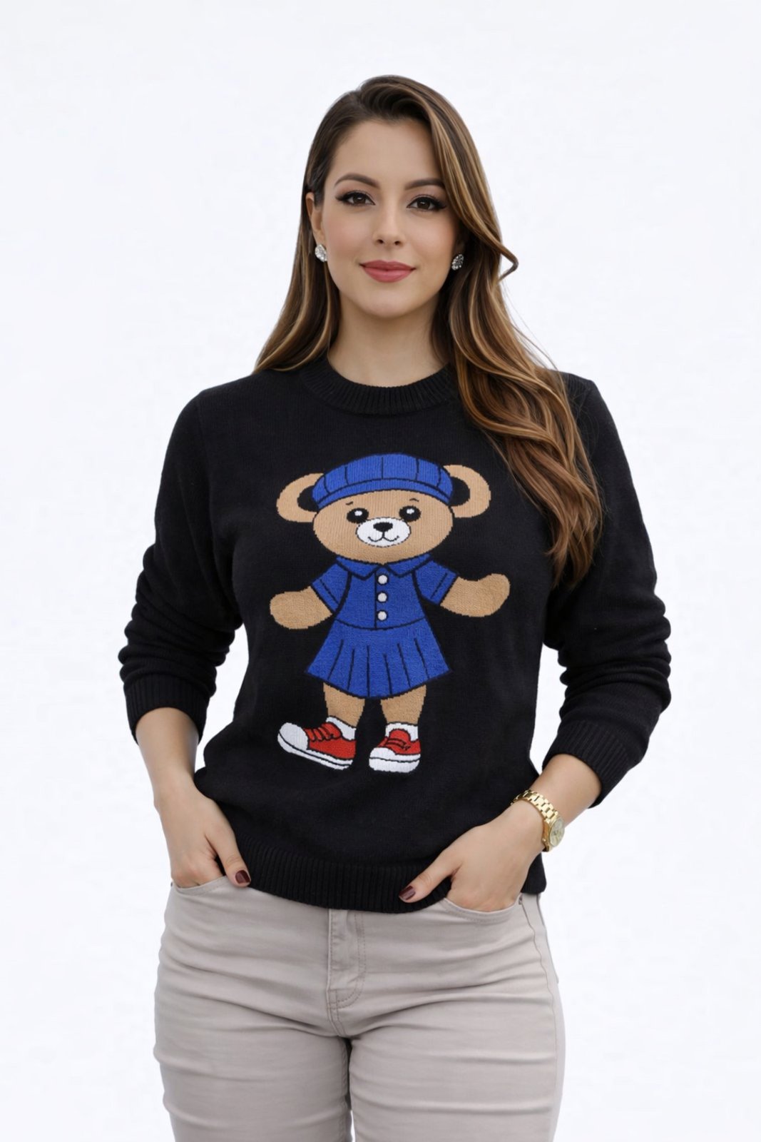 Suéter Tricôt D Bell Outlet Fashion Estampa Urso Marrom
