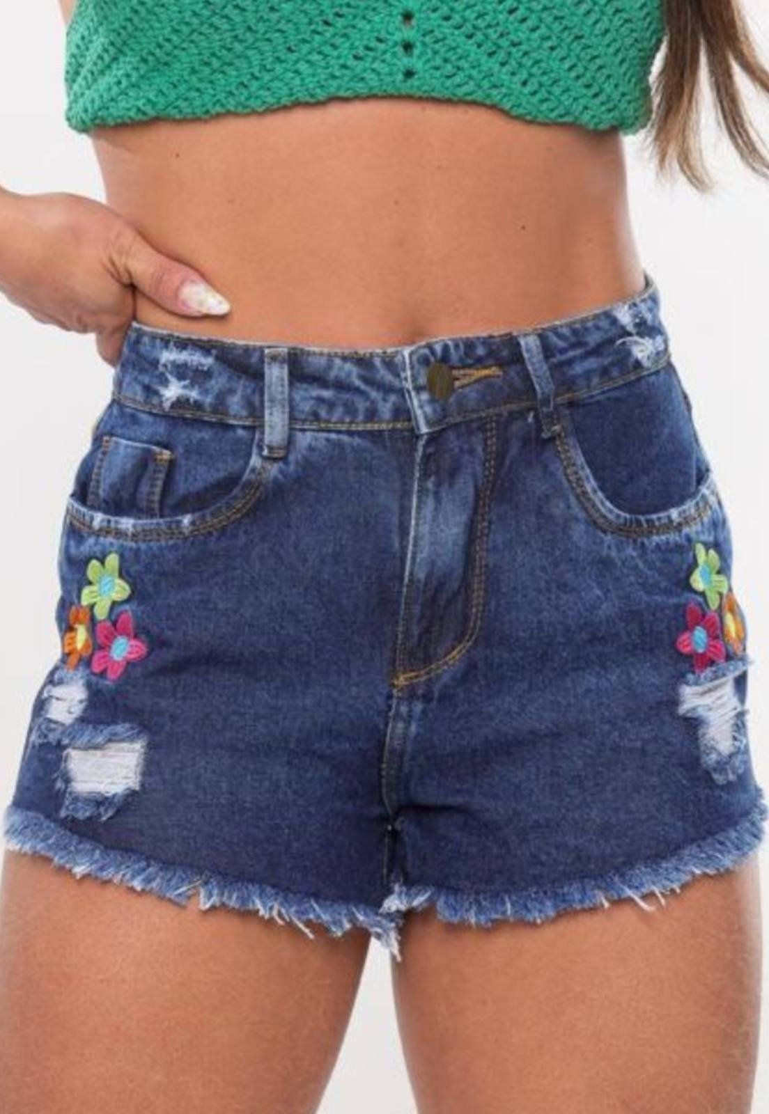 Short Feminino Yellow Jeans Cintura Alta Estampa Flor Barra Desfiada Azul