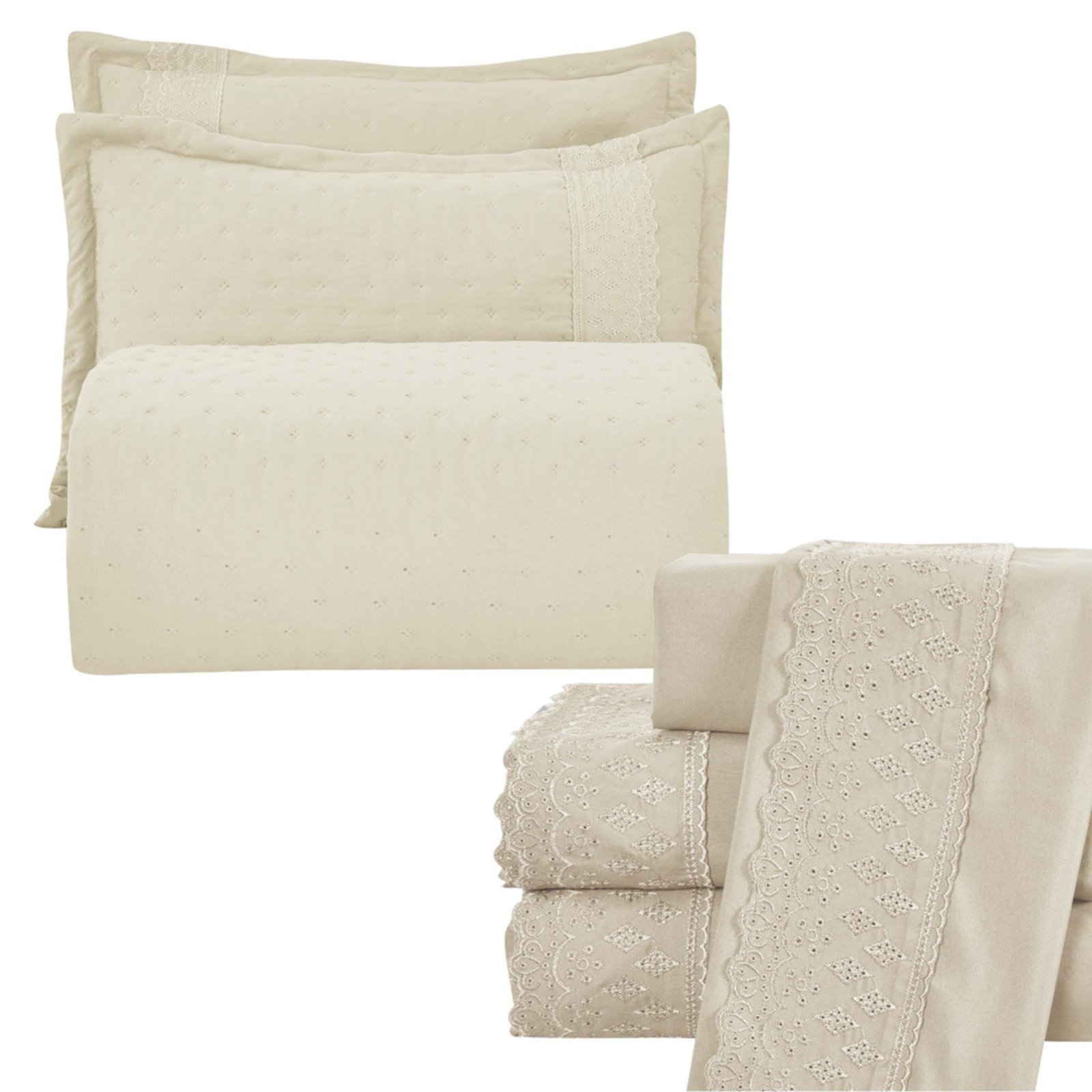 Kit Coordenado Casa Scarpa Grécia Cobre Leito + Jogo de Cama Queen Bordado Inglês 300 Fios - 7 Peças - Bege