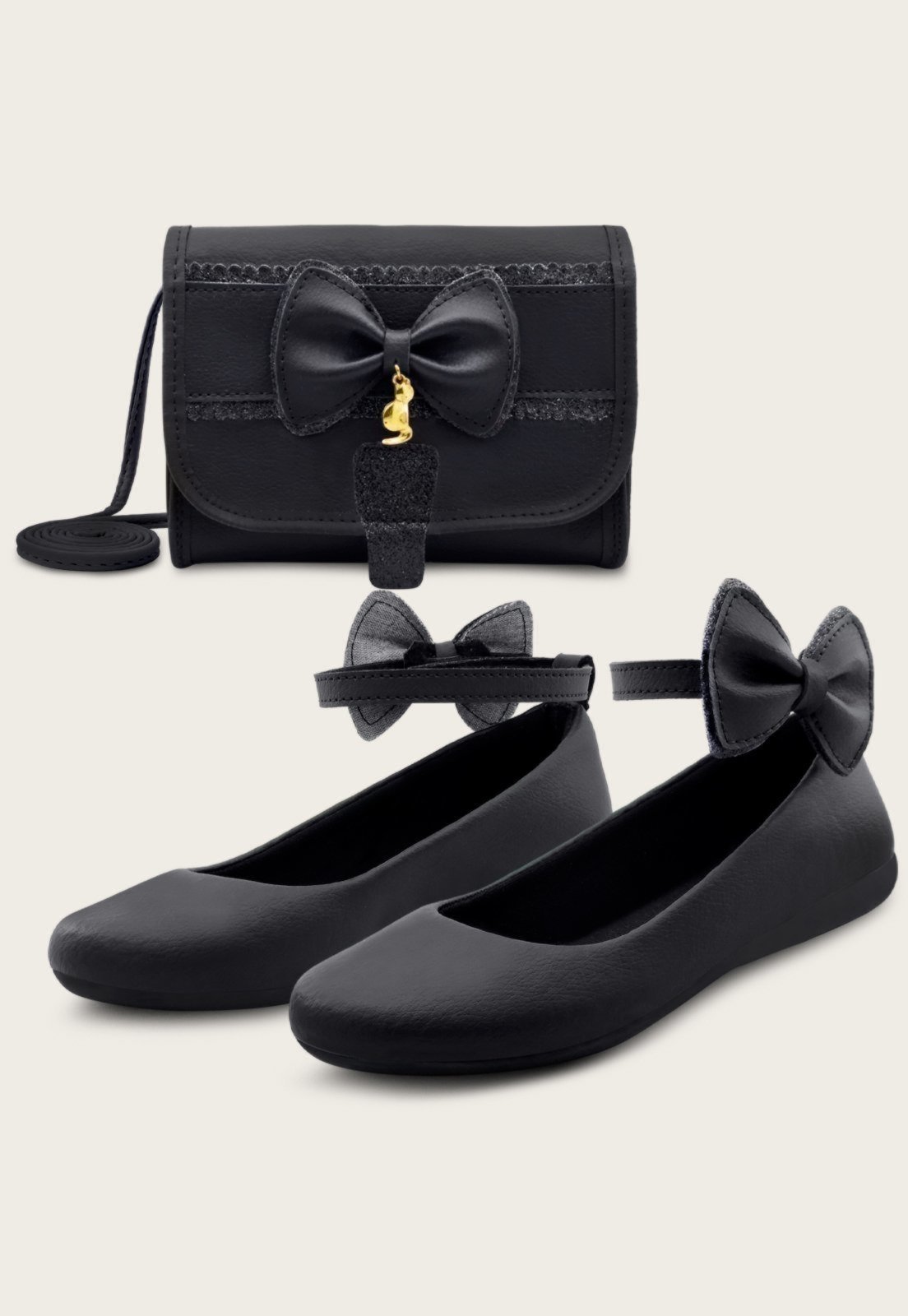 Infantil – Kit Sapatilha Menina Boneca MzKid Com Bolsa Laço Feminina Preto