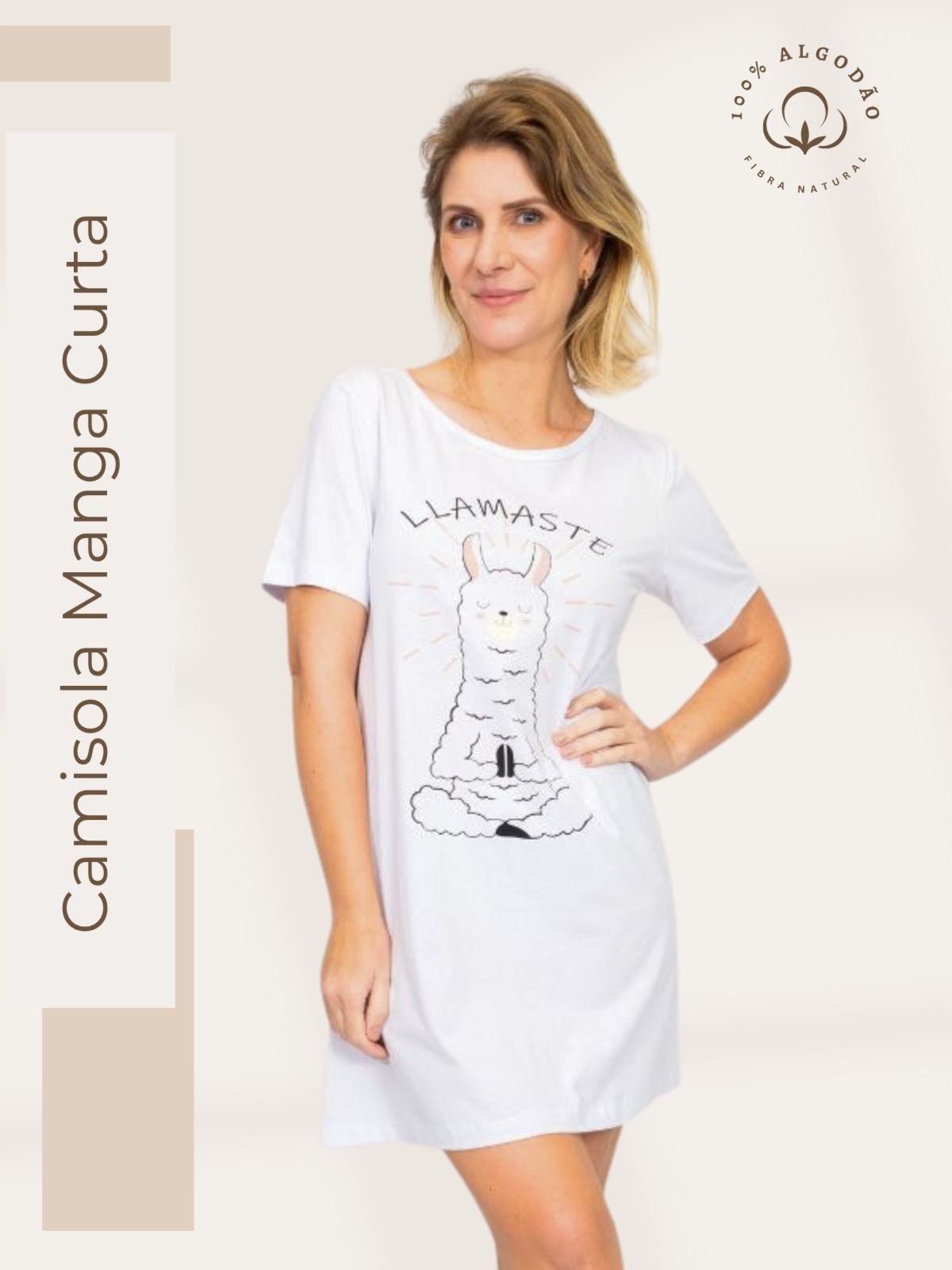 Camisola Algodão Feminina Manga Curta Verão Adulto – Branco lhamaste –