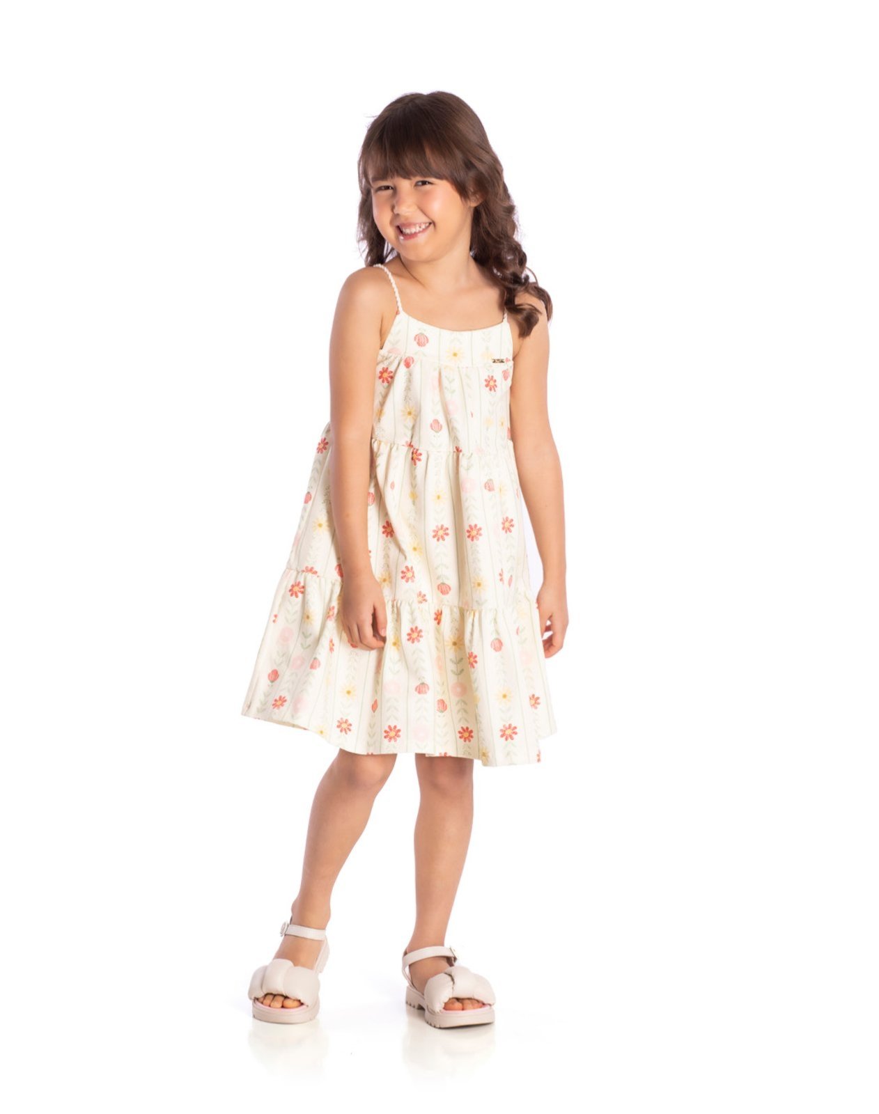 Infantil - Vestido floral com alça em corda de algodão