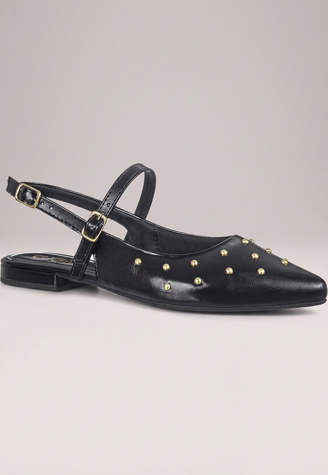 Sapatilha Feminina Slingback GiGiL Aberta Tachas Metalizado Bico Fino Fivela Confortável Preto