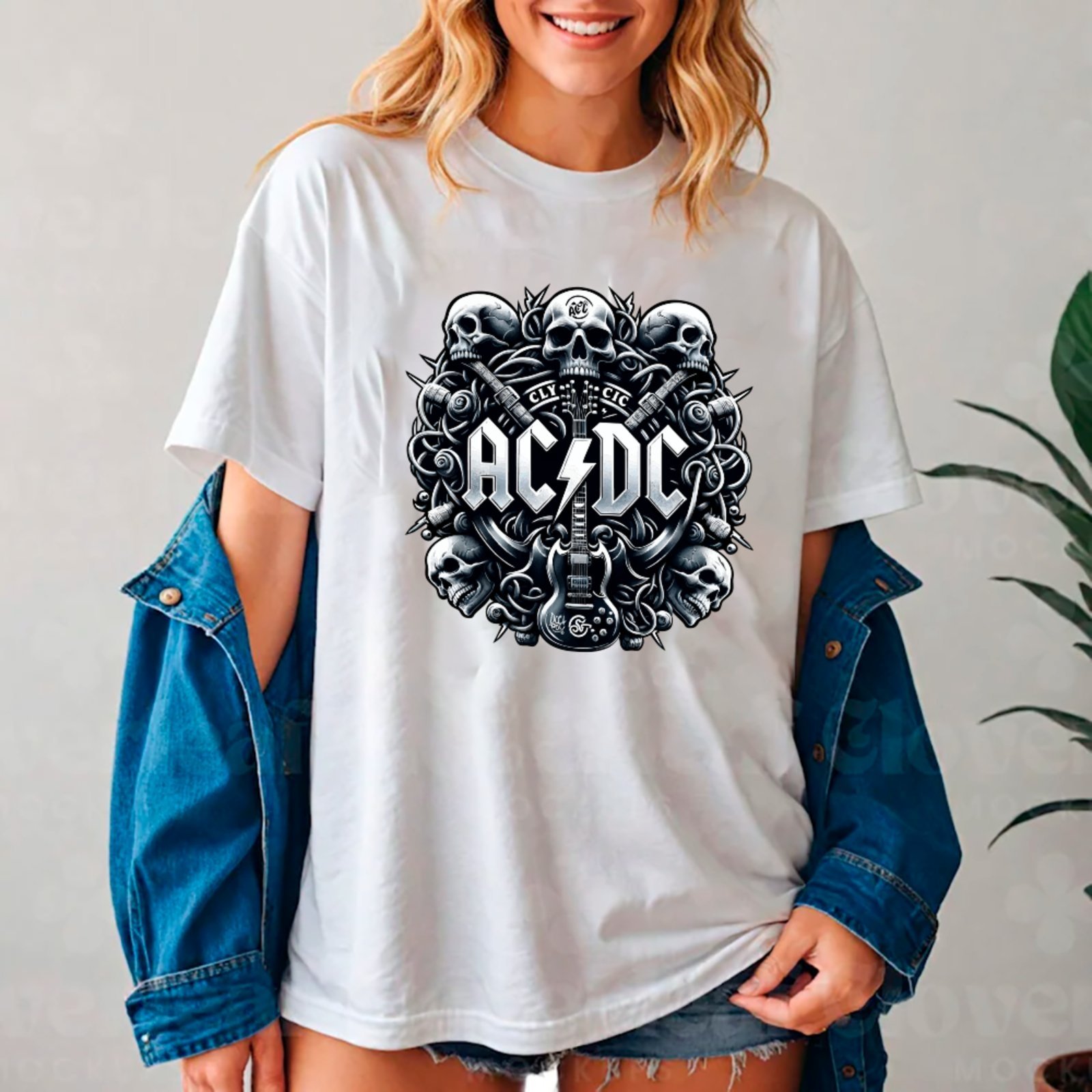 Vista 2 Camiseta Ousy Básica AC DC Caveiras Estilo Heavy Rock Unissex marrom ousy marrom