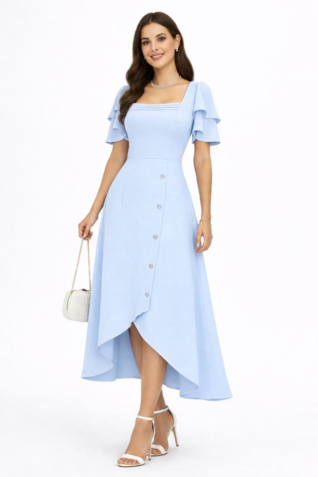 Vestido Midi D Bell Outlet Fashion Manga Babado Azul