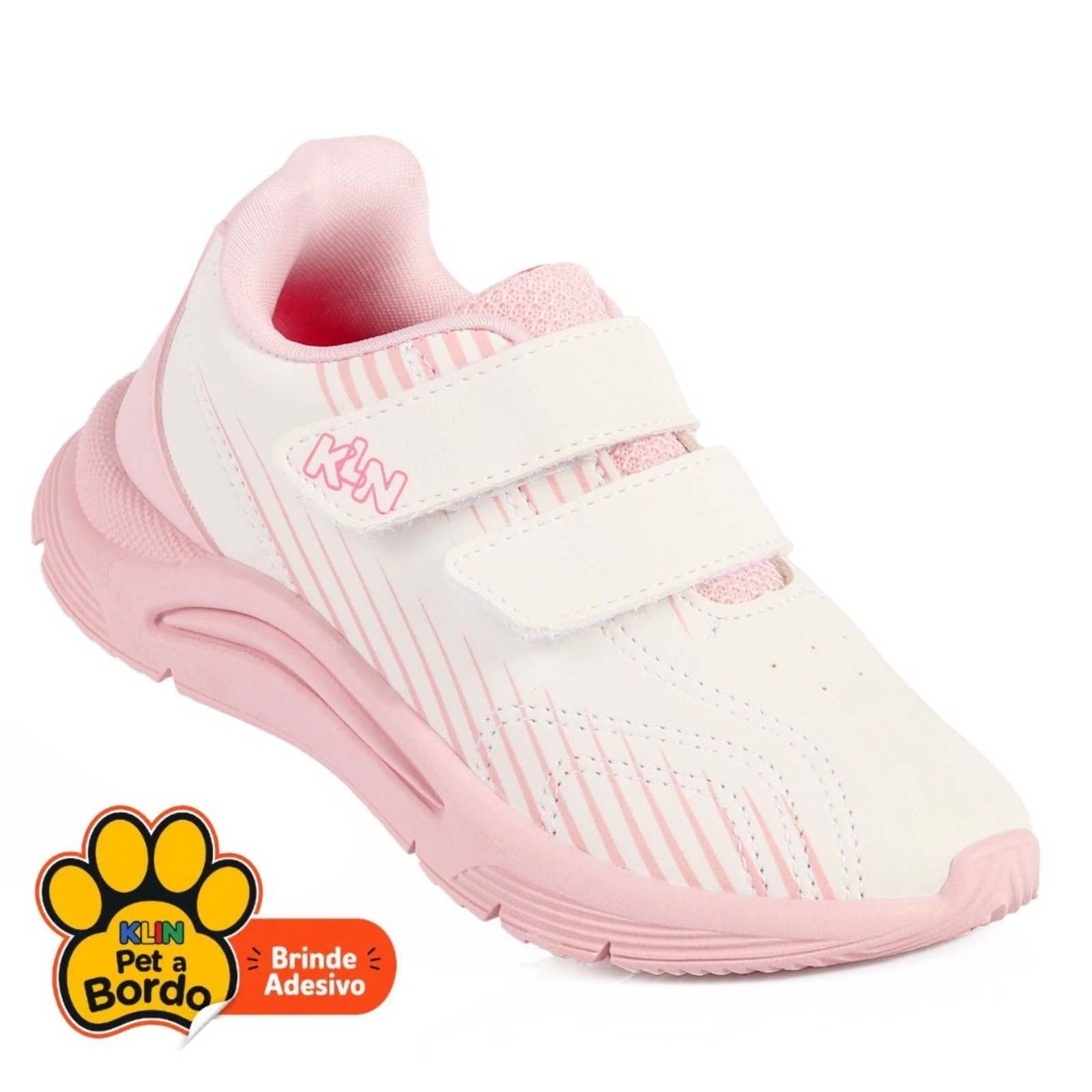Infantil - Tênis Menina Klin New Sport Calce Fácil com fita de aderência- Branco e Rosa